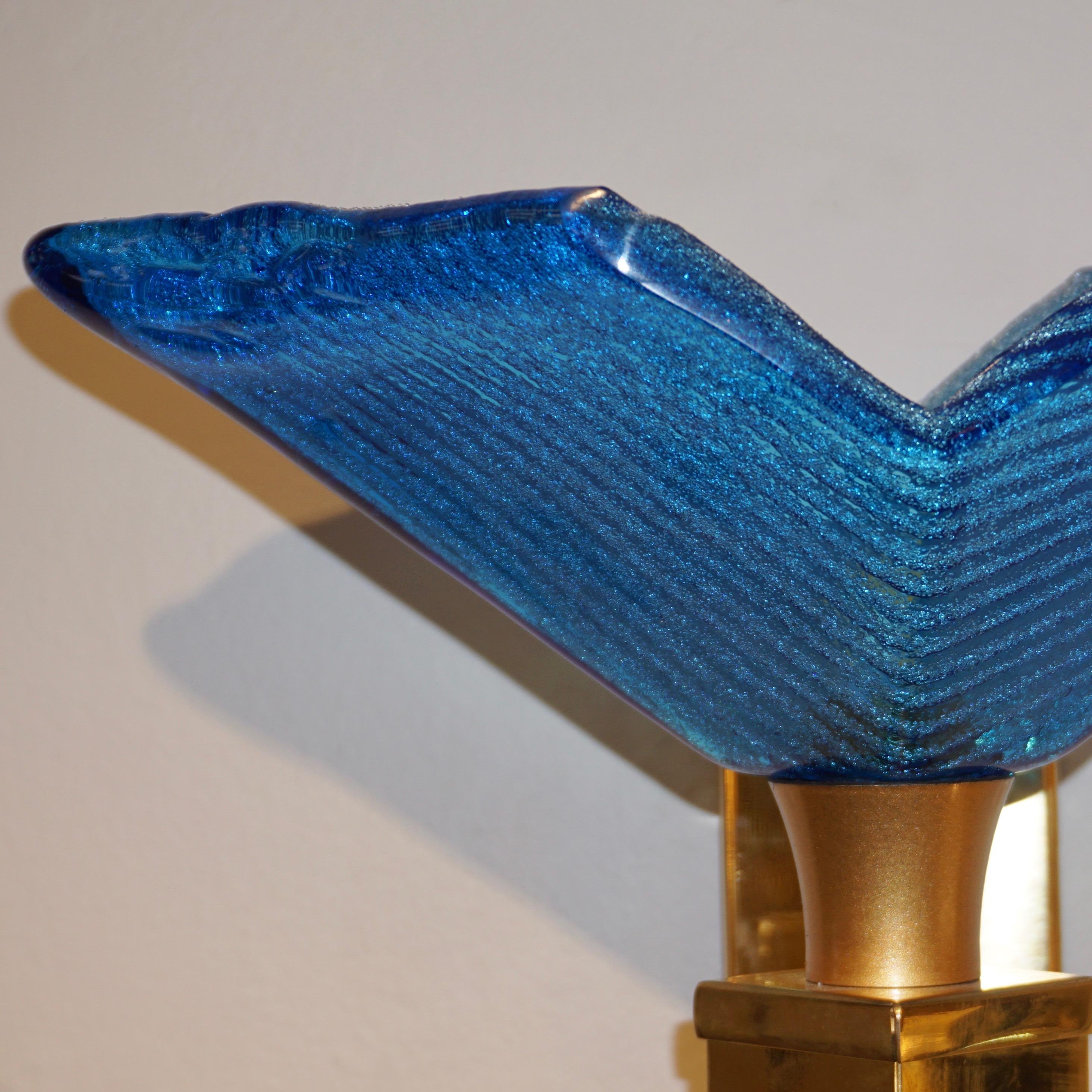 1970s Italian Art Deco Design Brass Pair of Cobalt Blue Murano Glass Sconces 1