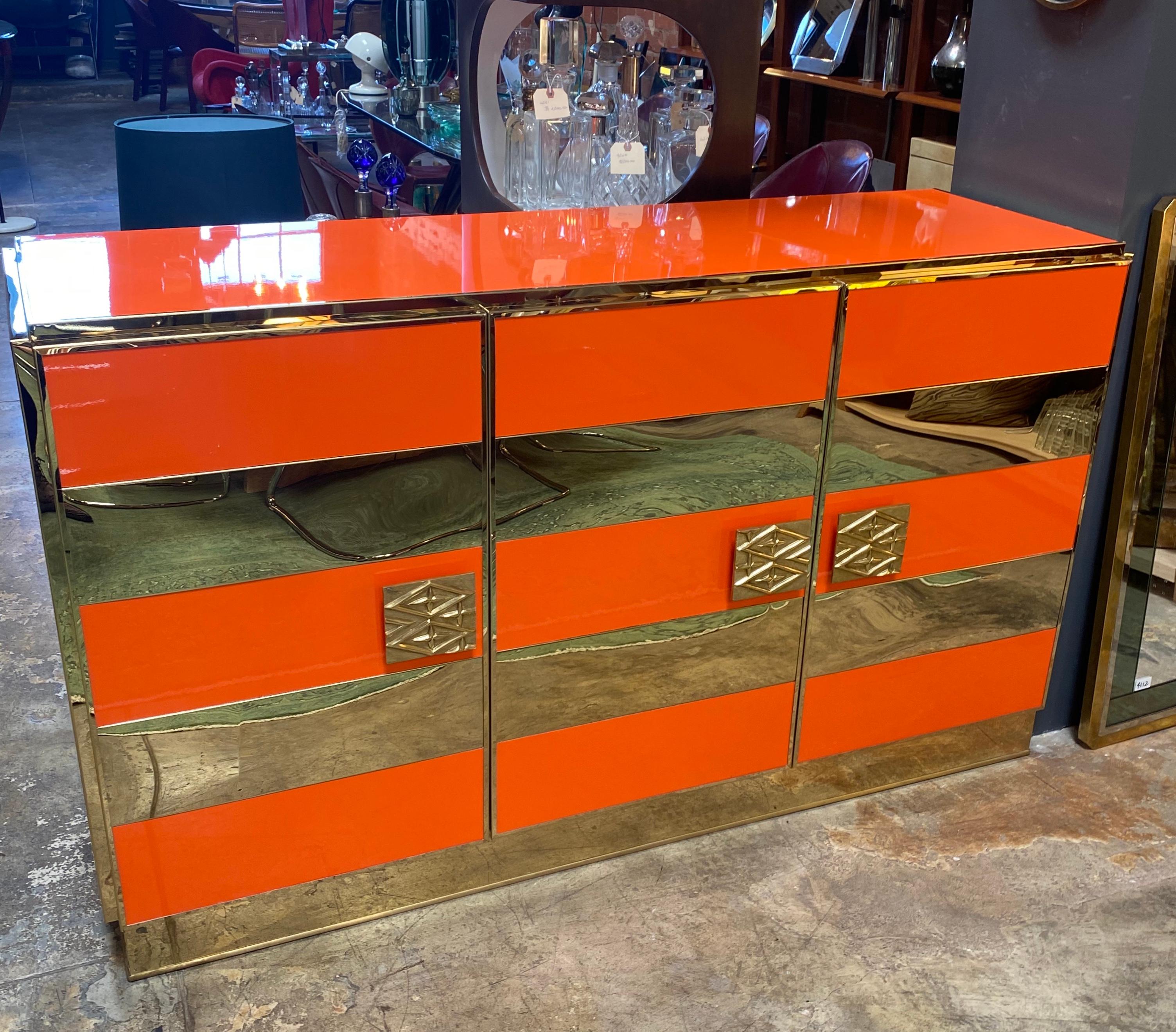 Late 20th Century 1970s Italian Art Deco Orange Cabinet / Credenza For Sale