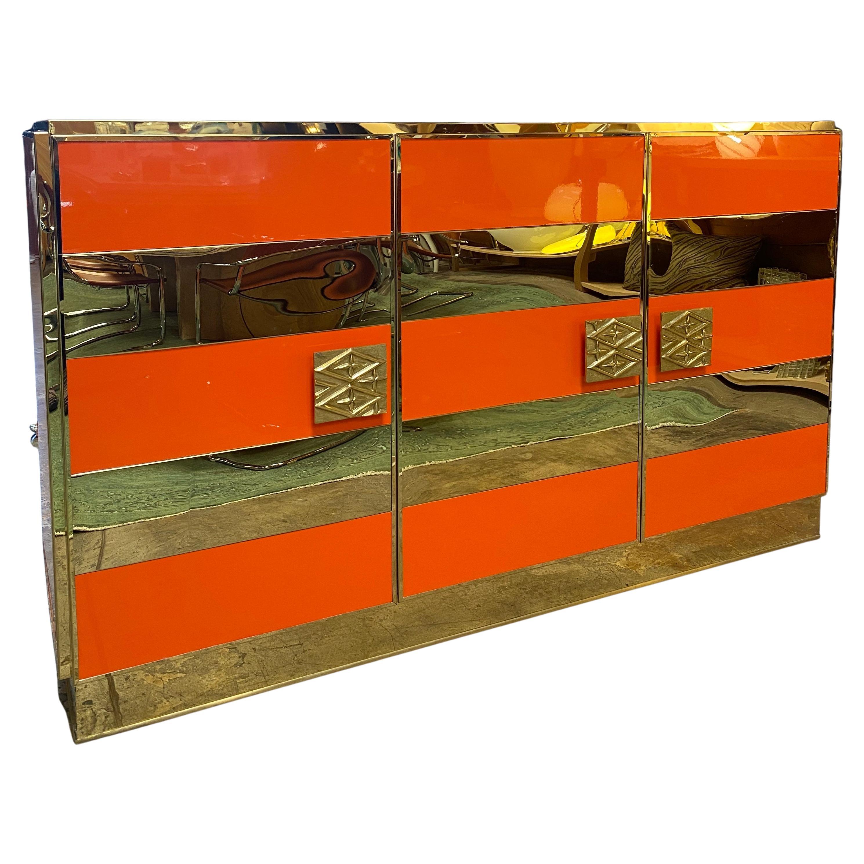 1970s Italian Art Deco Orange Cabinet / Credenza For Sale