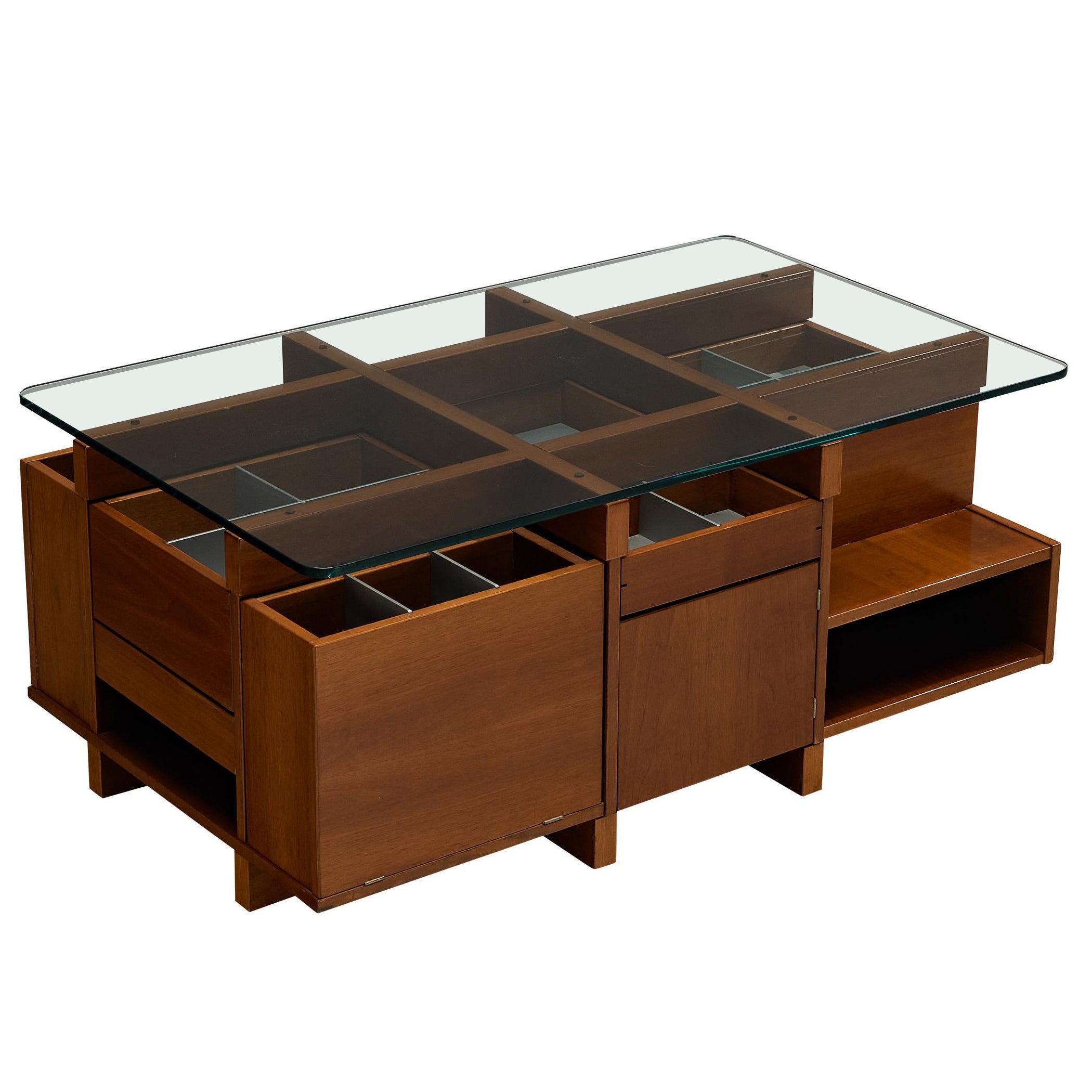 1970s Italian Assymetrical Grid Coffee Table in Walnut and Glass