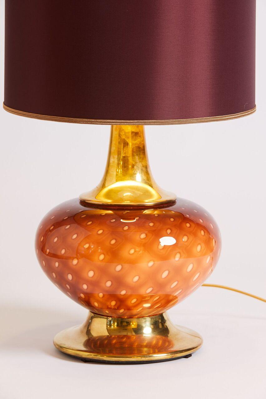 Late 20th Century 1970s Italian Aubergine Murano Blown Glass and Brass Table Lamp