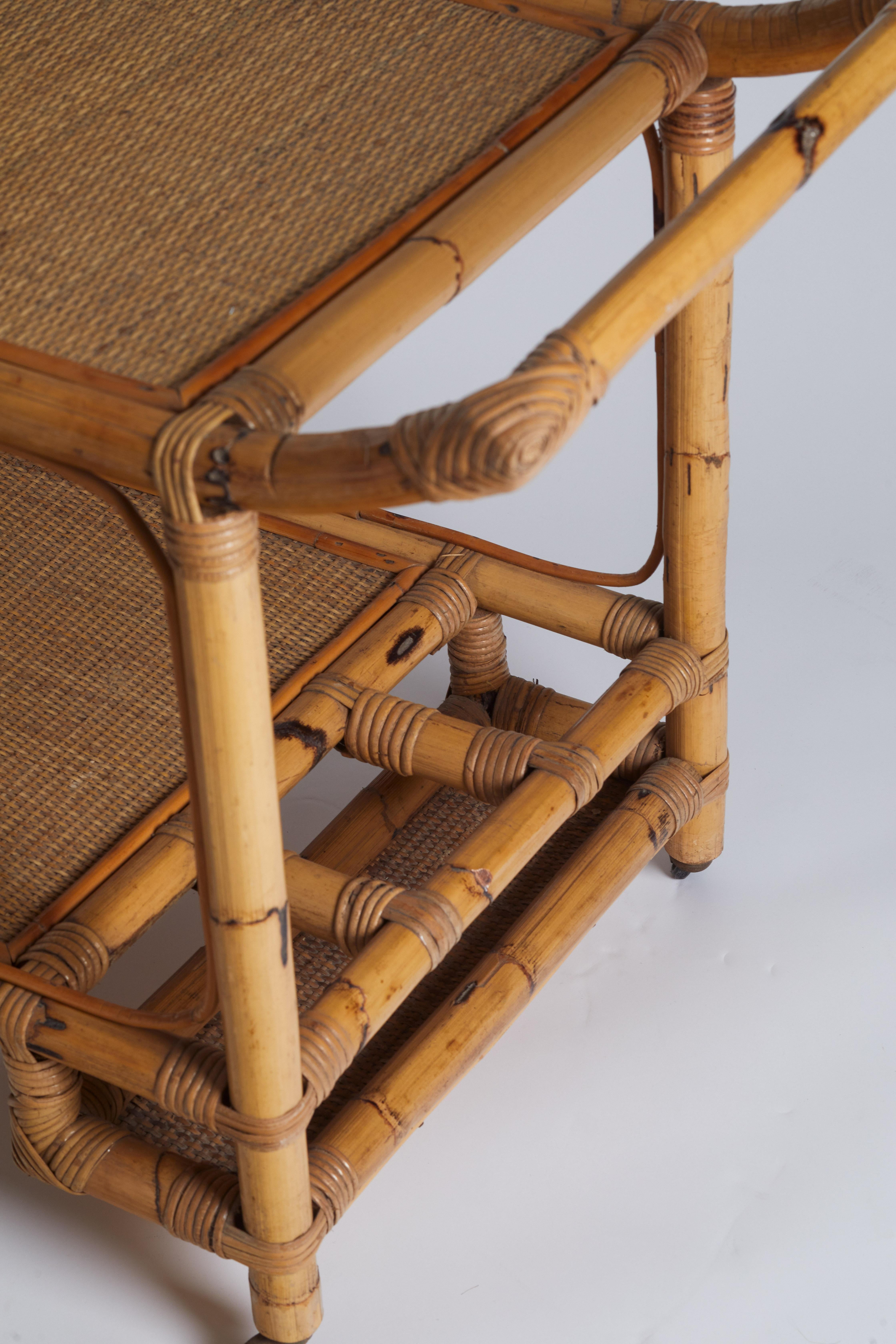 1970s Italian Bamboo and Raffia Bar Cart In Good Condition For Sale In Aspen, CO