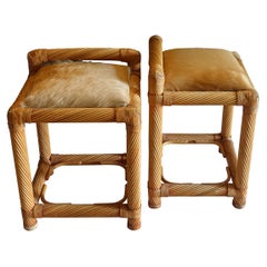 1970's Italian Bamboo and Rattan Stools Pony Skin Leather Seats