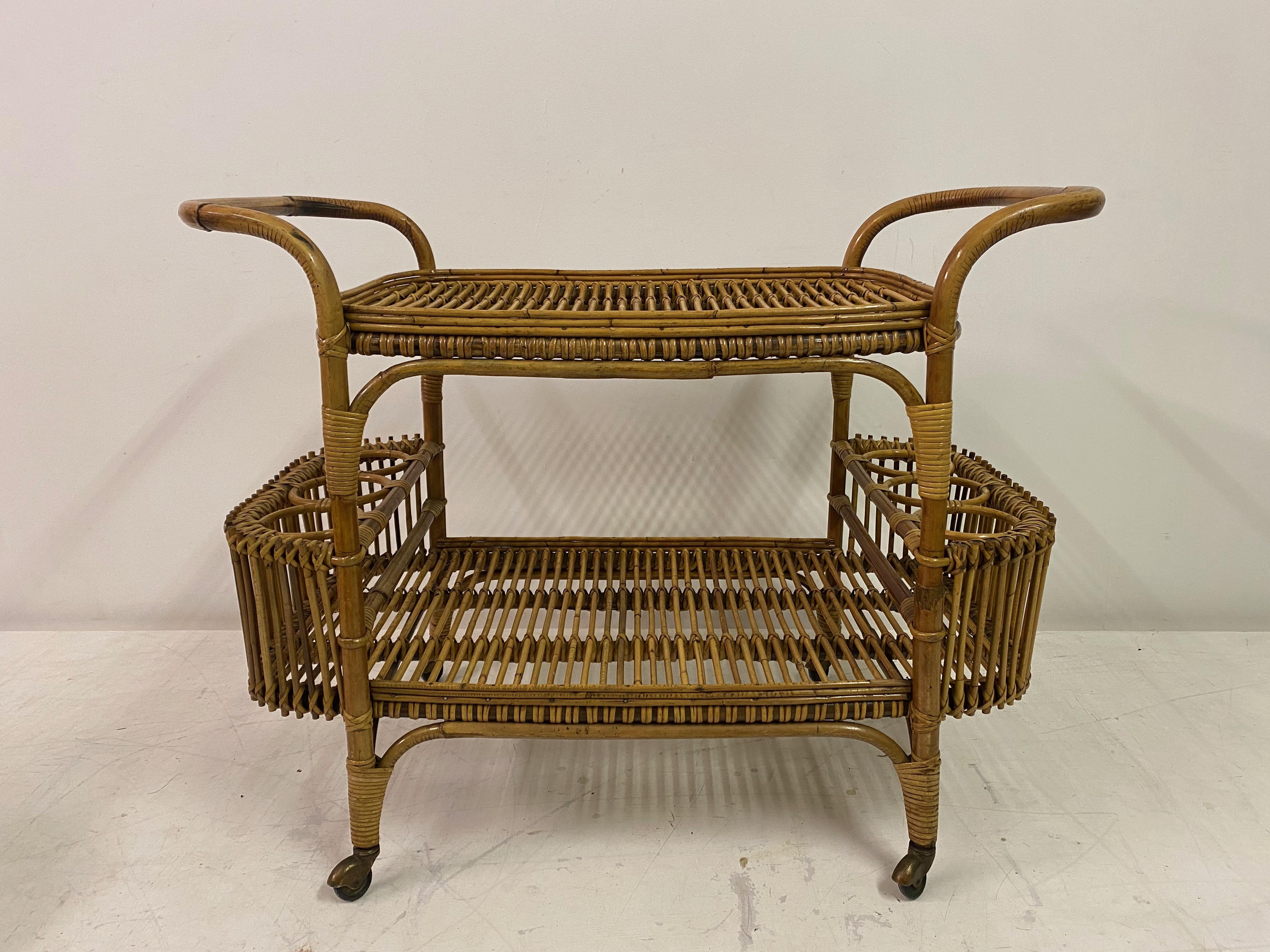 1970s , Italian Bamboo Bar Cart or Drinks Trolley For Sale 7