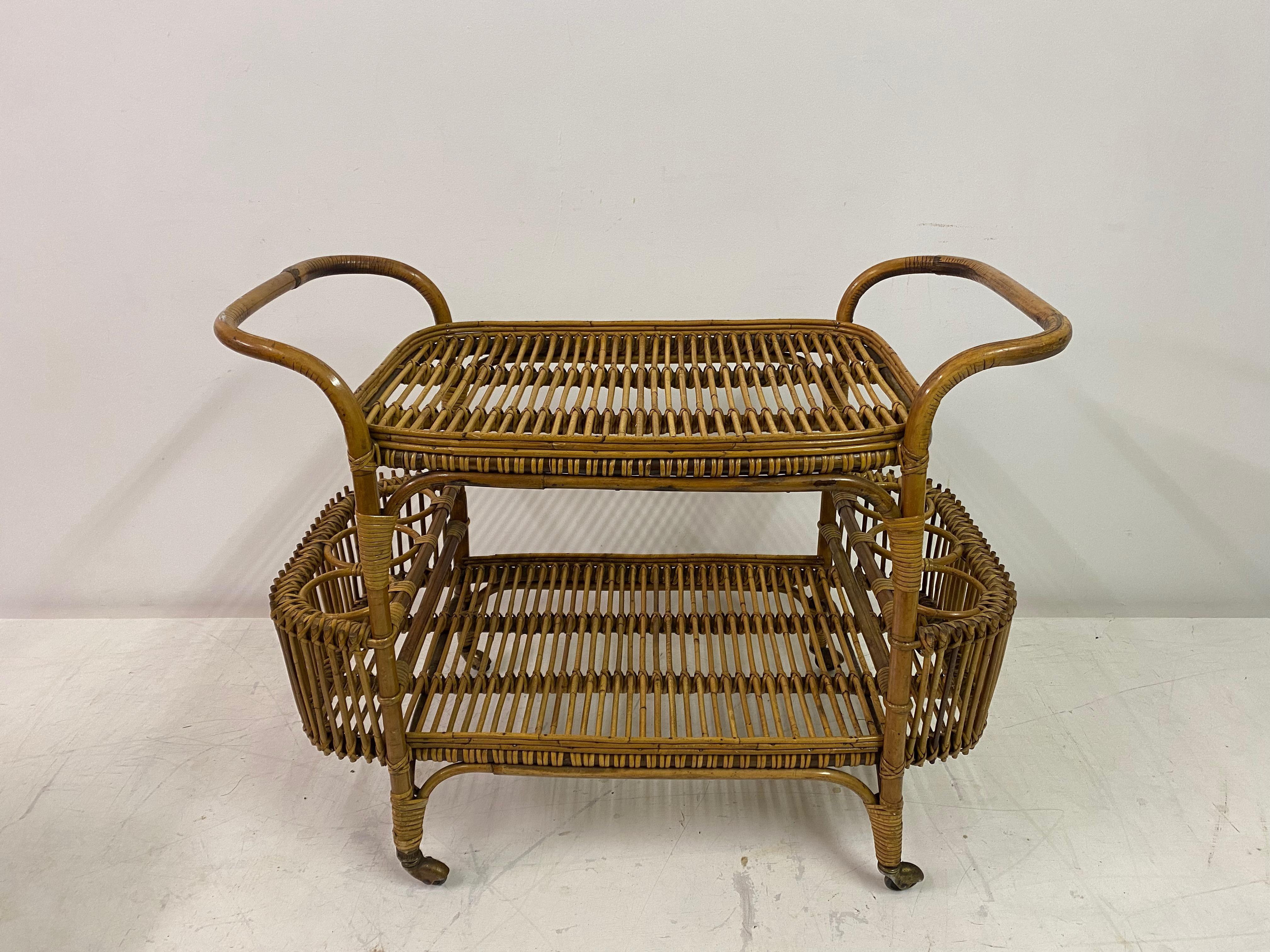 1970s , Italian Bamboo Bar Cart or Drinks Trolley In Good Condition In London, London