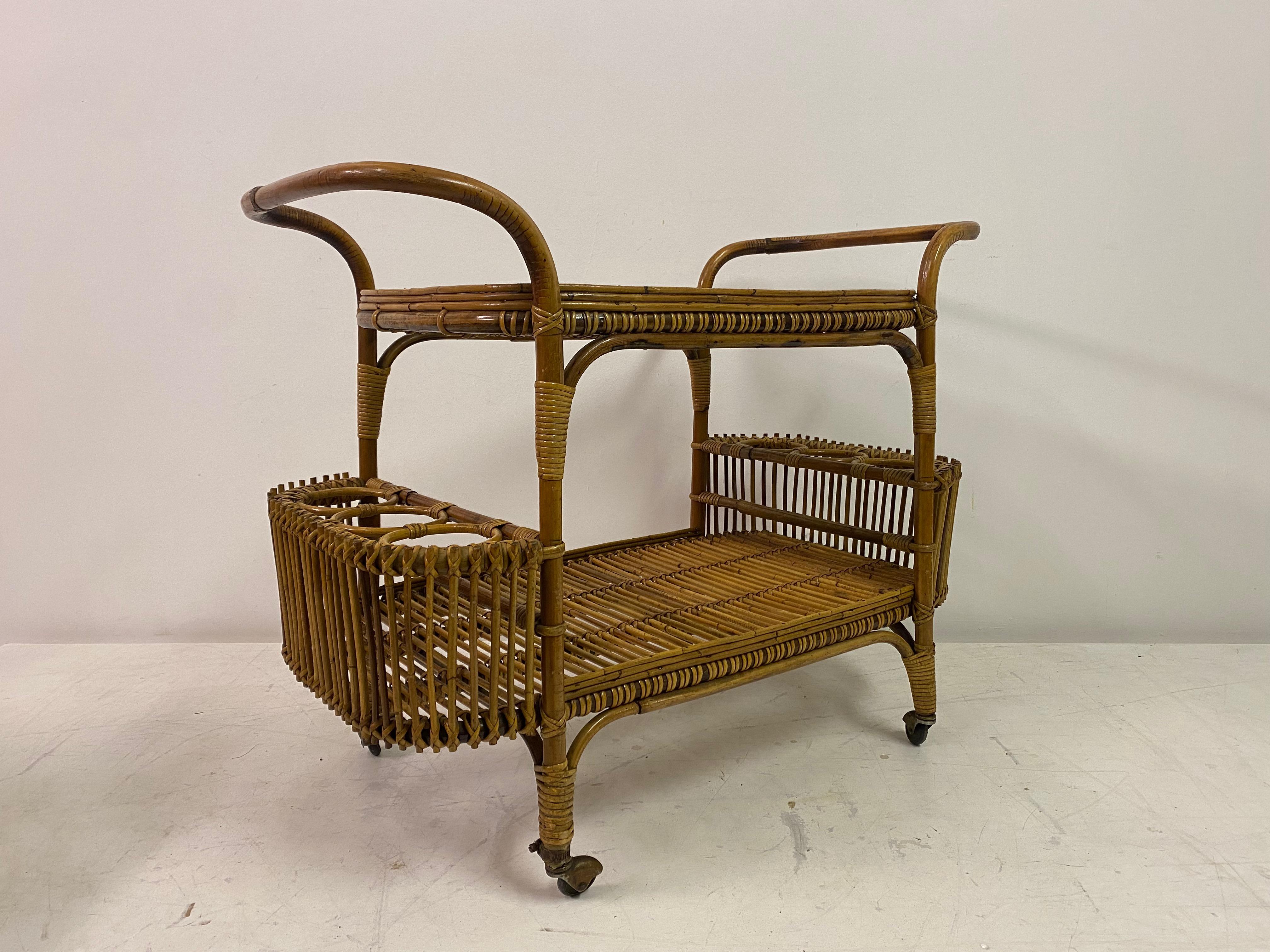 20th Century 1970s , Italian Bamboo Bar Cart or Drinks Trolley For Sale