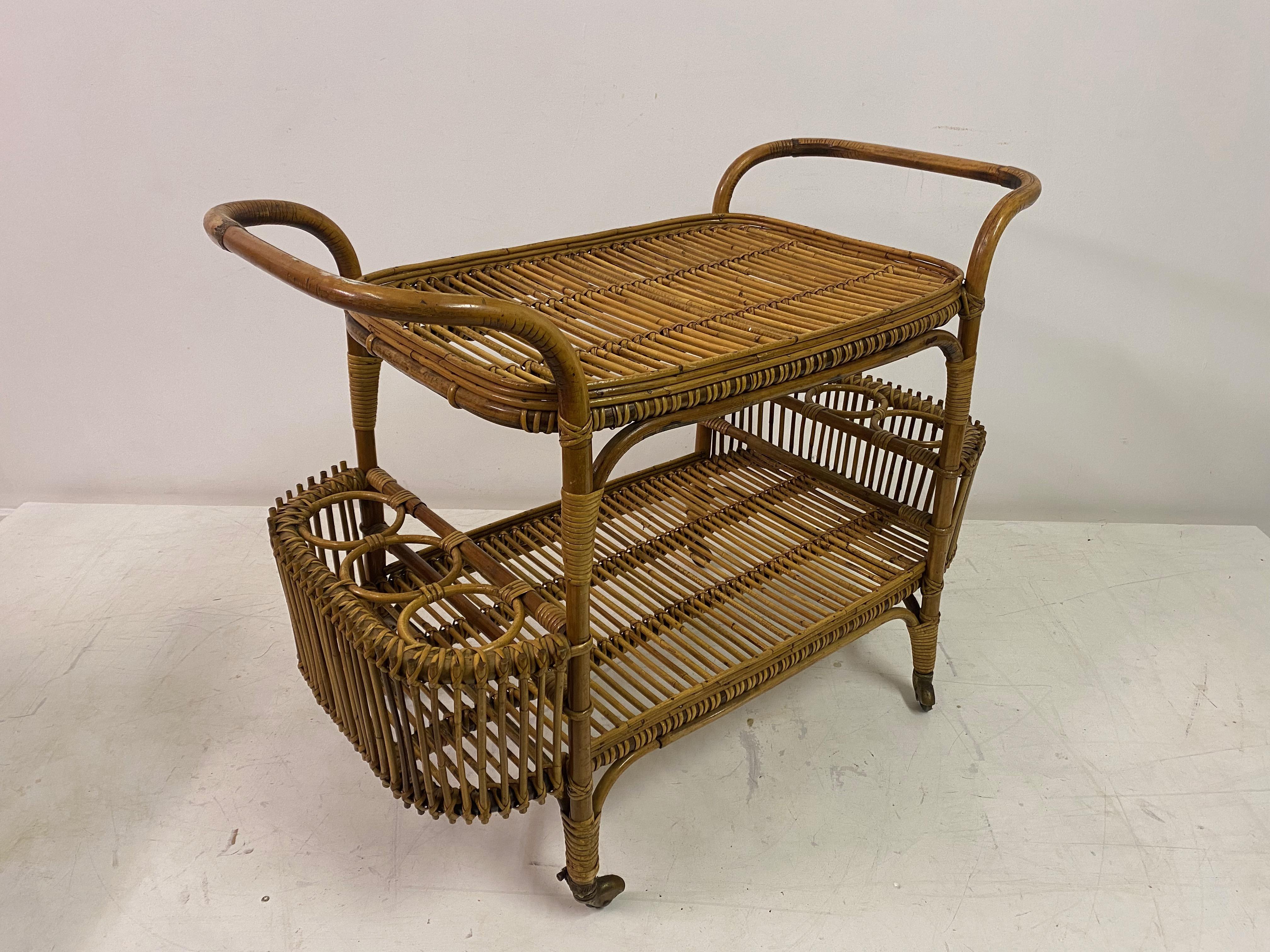 1970s , Italian Bamboo Bar Cart or Drinks Trolley For Sale 1