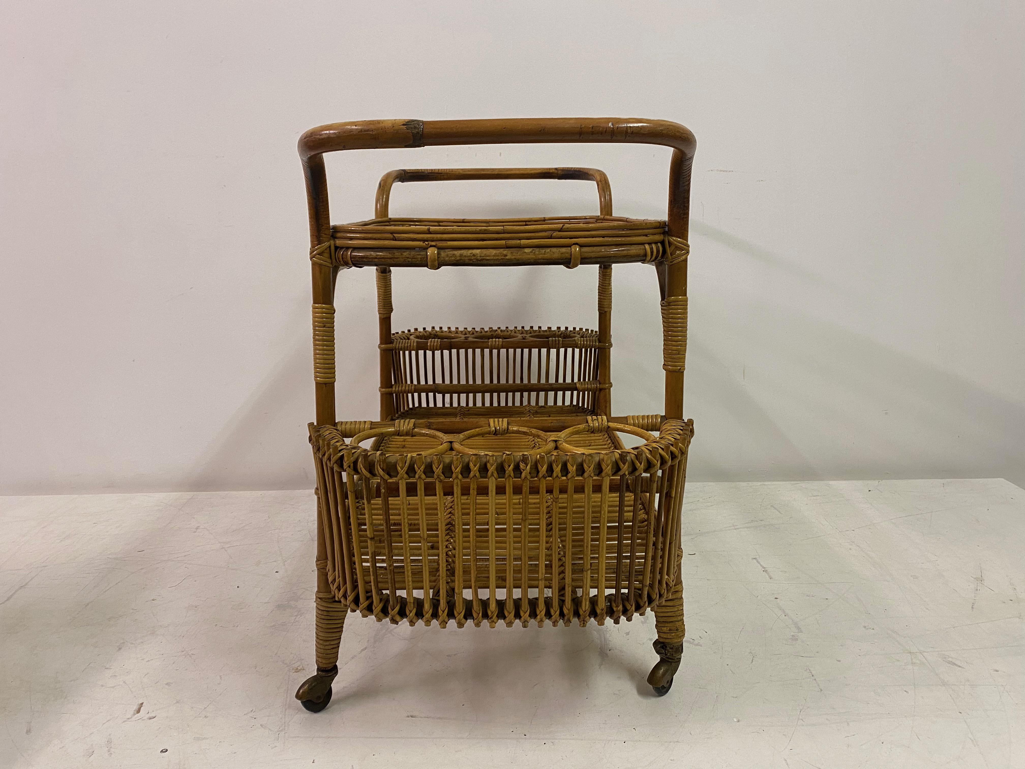 1970s , Italian Bamboo Bar Cart or Drinks Trolley For Sale 2