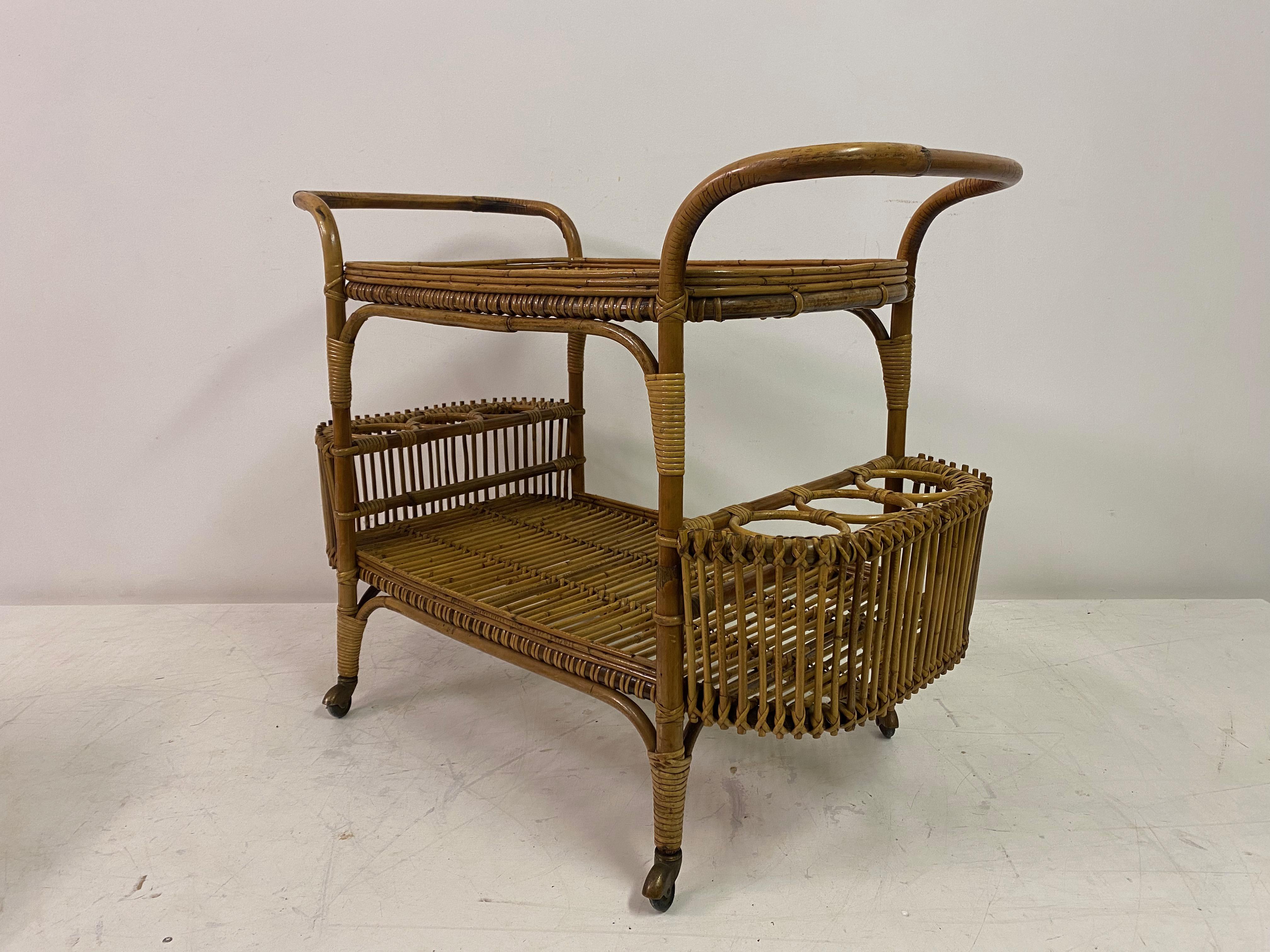 1970s , Italian Bamboo Bar Cart or Drinks Trolley For Sale 4