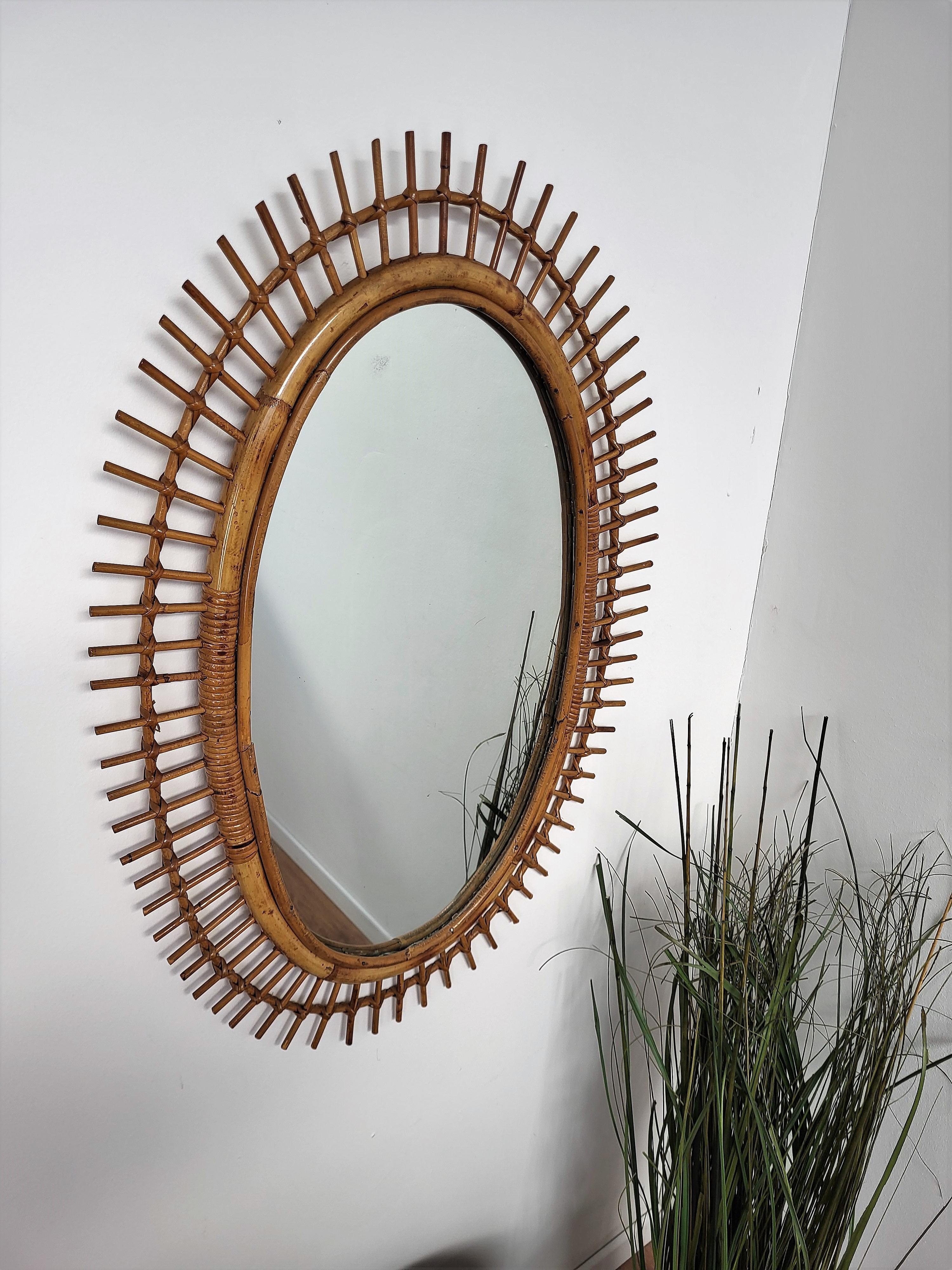 20th Century 1970s Italian Bamboo Rattan Bohemian French Riviera Oval Wall Mirror