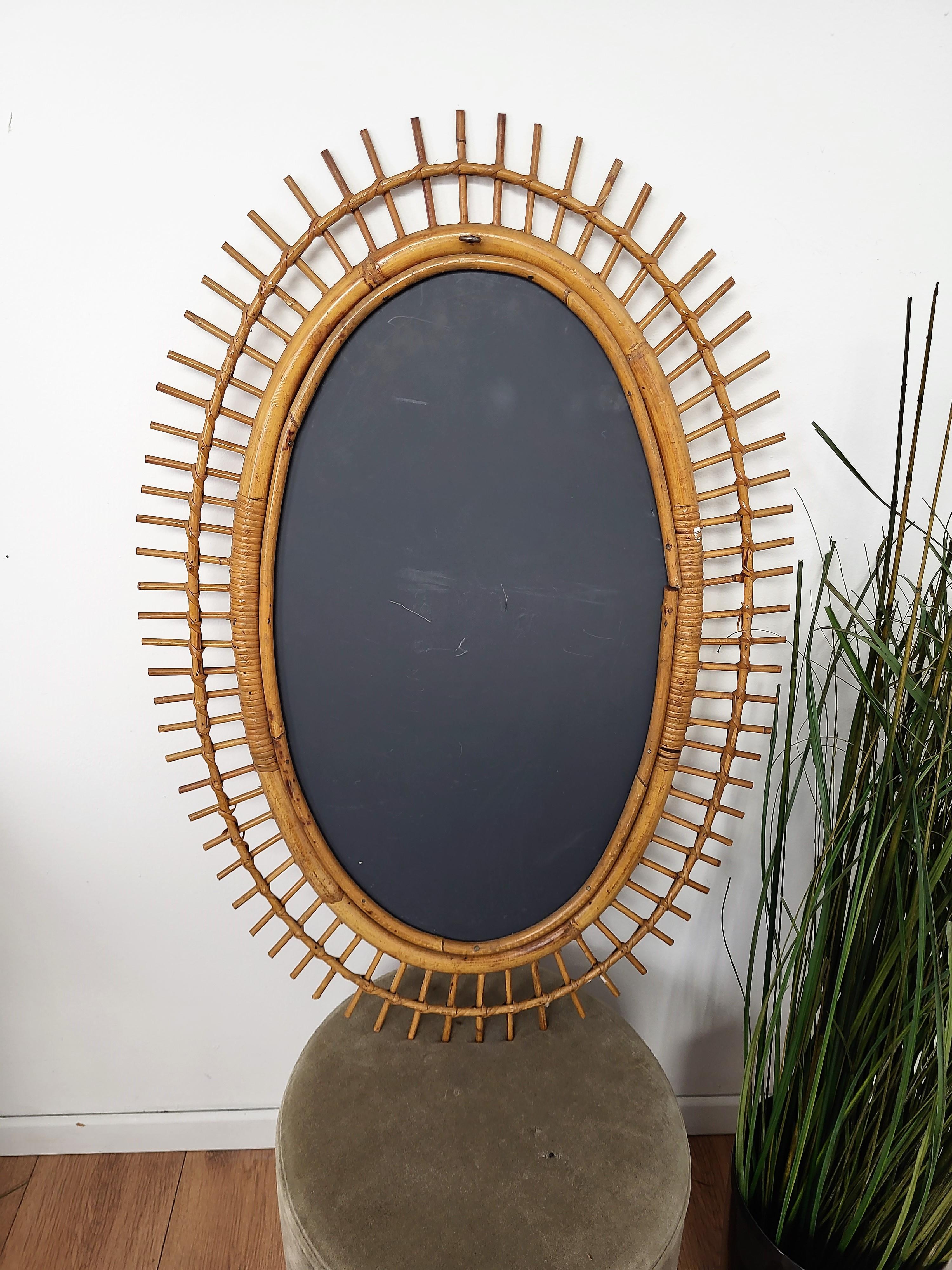 1970s Italian Bamboo Rattan Bohemian French Riviera Oval Wall Mirror 1