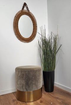 1970s Italian Bamboo Rattan Bohemian French Riviera Oval Wall Mirror with Chain