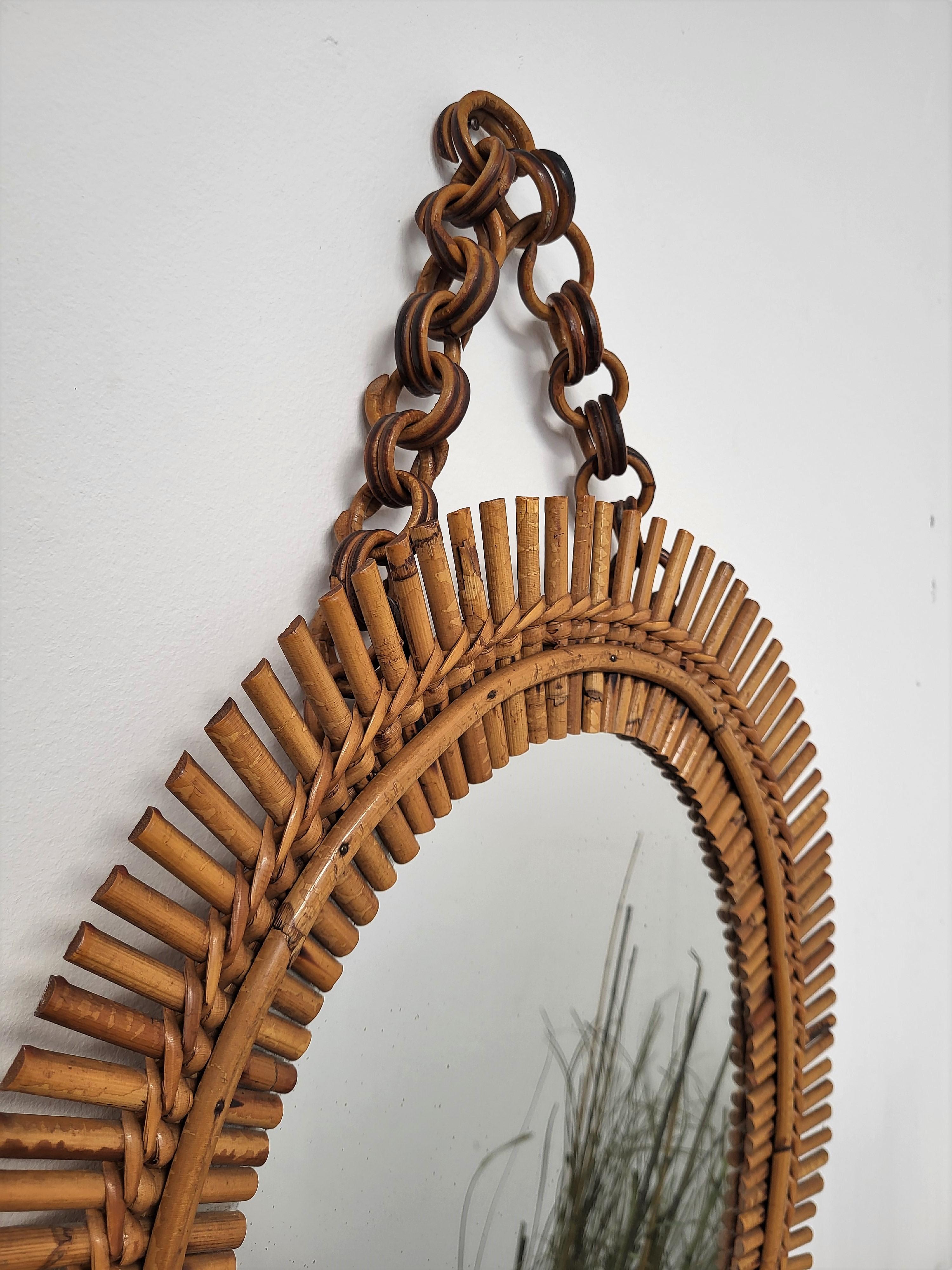 French Provincial 1970s Italian Bamboo Rattan Bohemian French Riviera Oval Wall Mirror with Chain