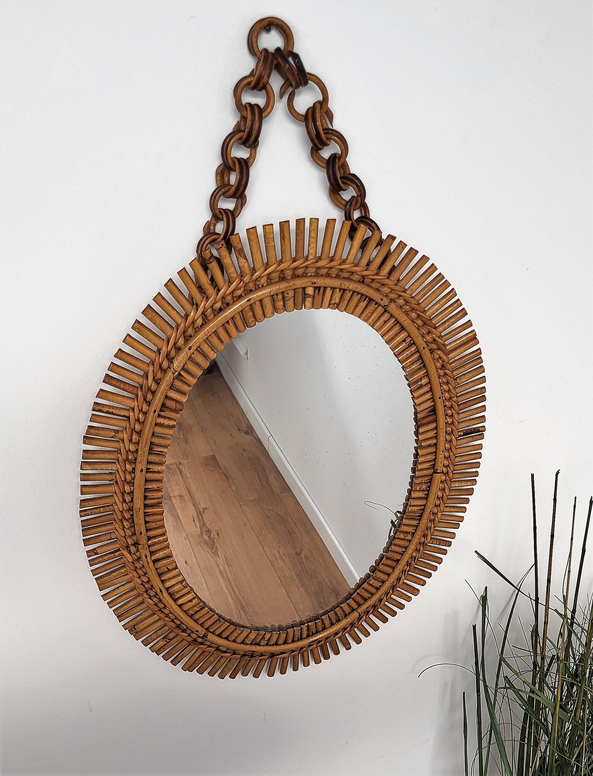 20th Century 1970s Italian Bamboo Rattan Bohemian French Riviera Oval Wall Mirror with Chain