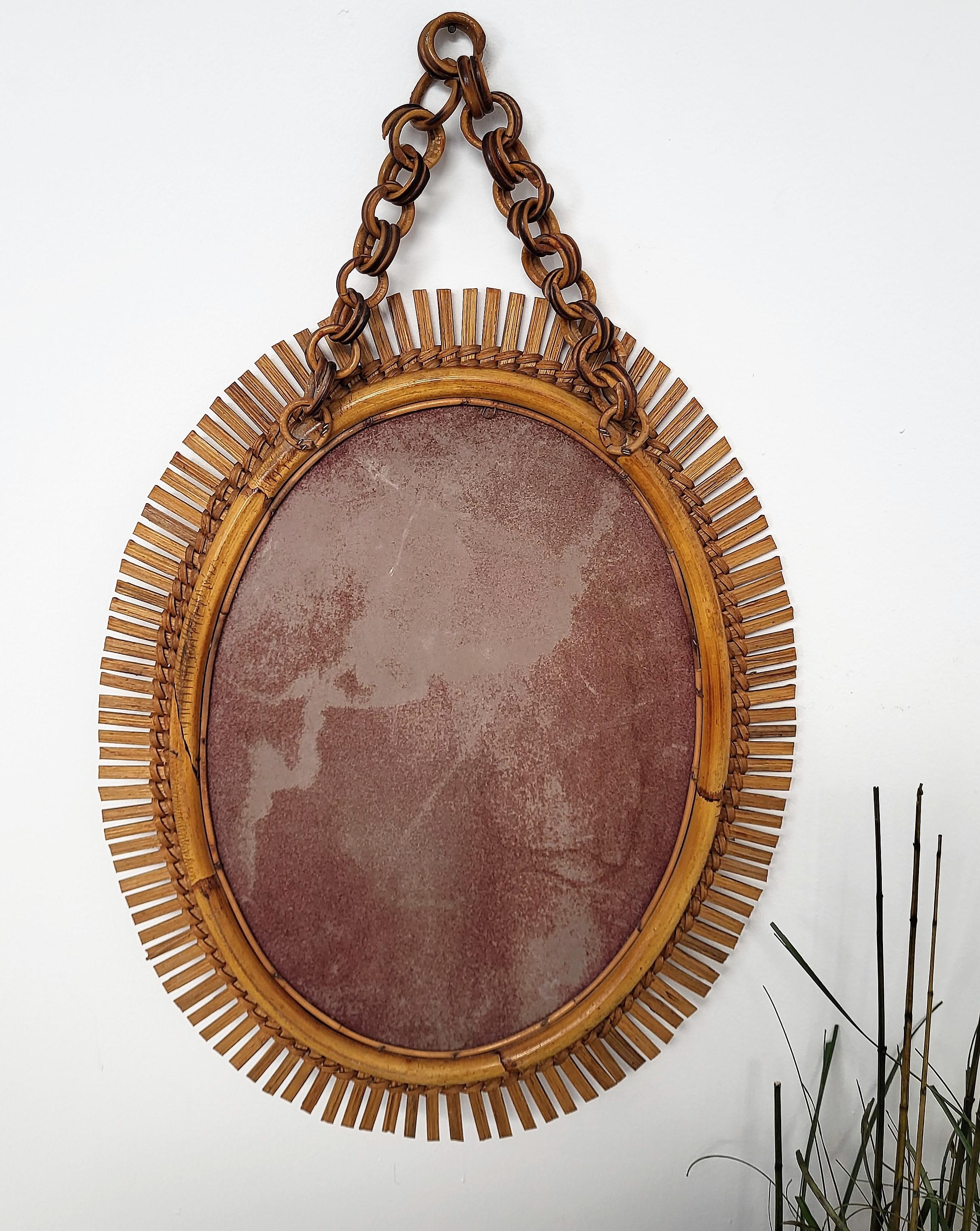 Brass 1970s Italian Bamboo Rattan Bohemian French Riviera Oval Wall Mirror with Chain