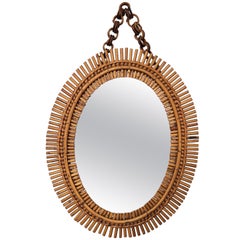 Vintage 1970s Italian Bamboo Rattan Bohemian French Riviera Oval Wall Mirror with Chain
