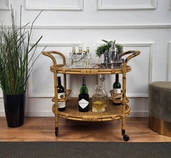 1970s Italian Bamboo Rattan Bohemian French Riviera Serving Bar Cart Cabinet