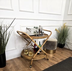 1970s Italian Bamboo Rattan Bohemian French Riviera Serving Bar Cart Cabinet