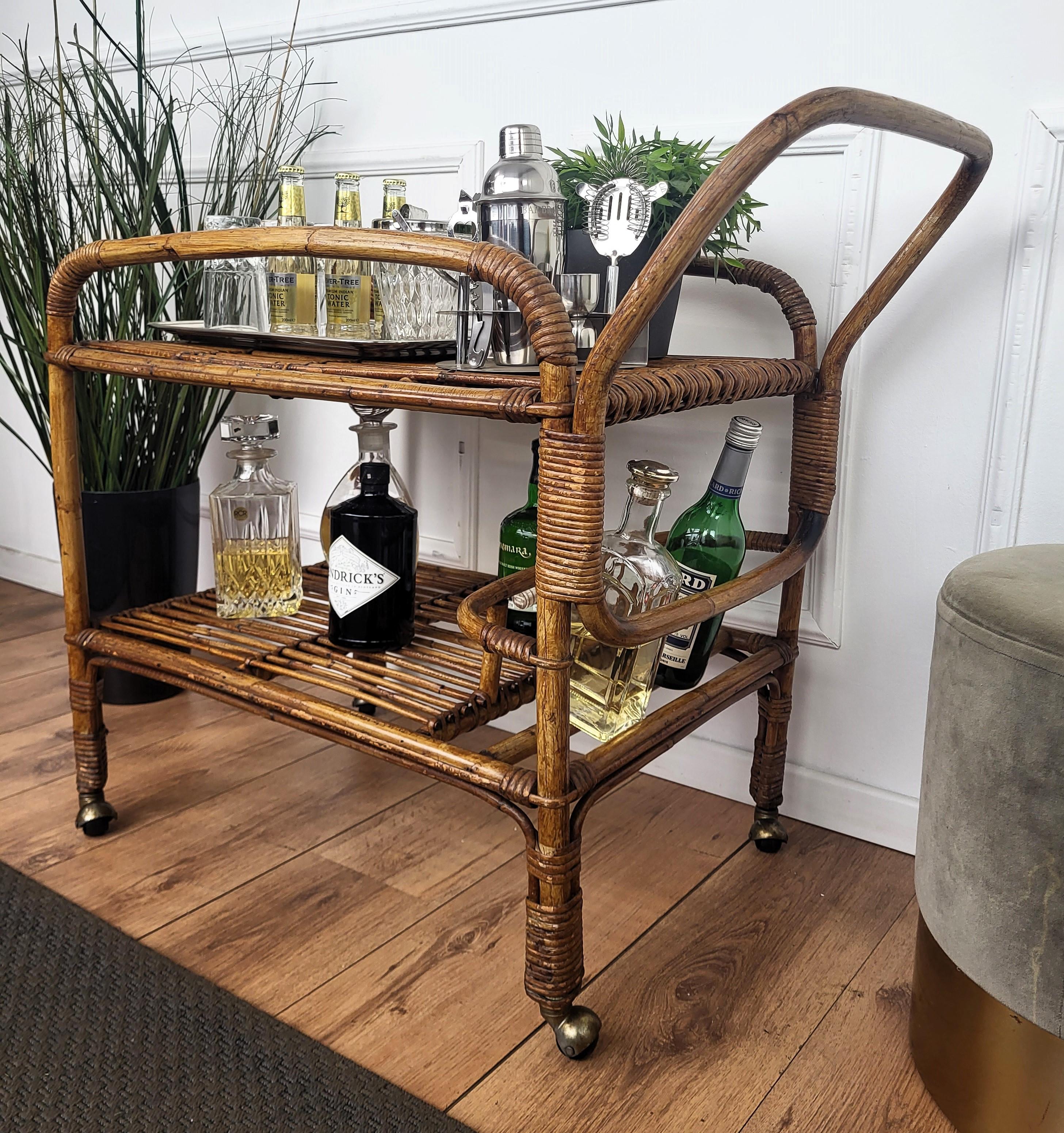 20th Century 1970s Italian Bamboo Rattan Bohemian French Riviera Serving Bar Cart Cabinet For Sale