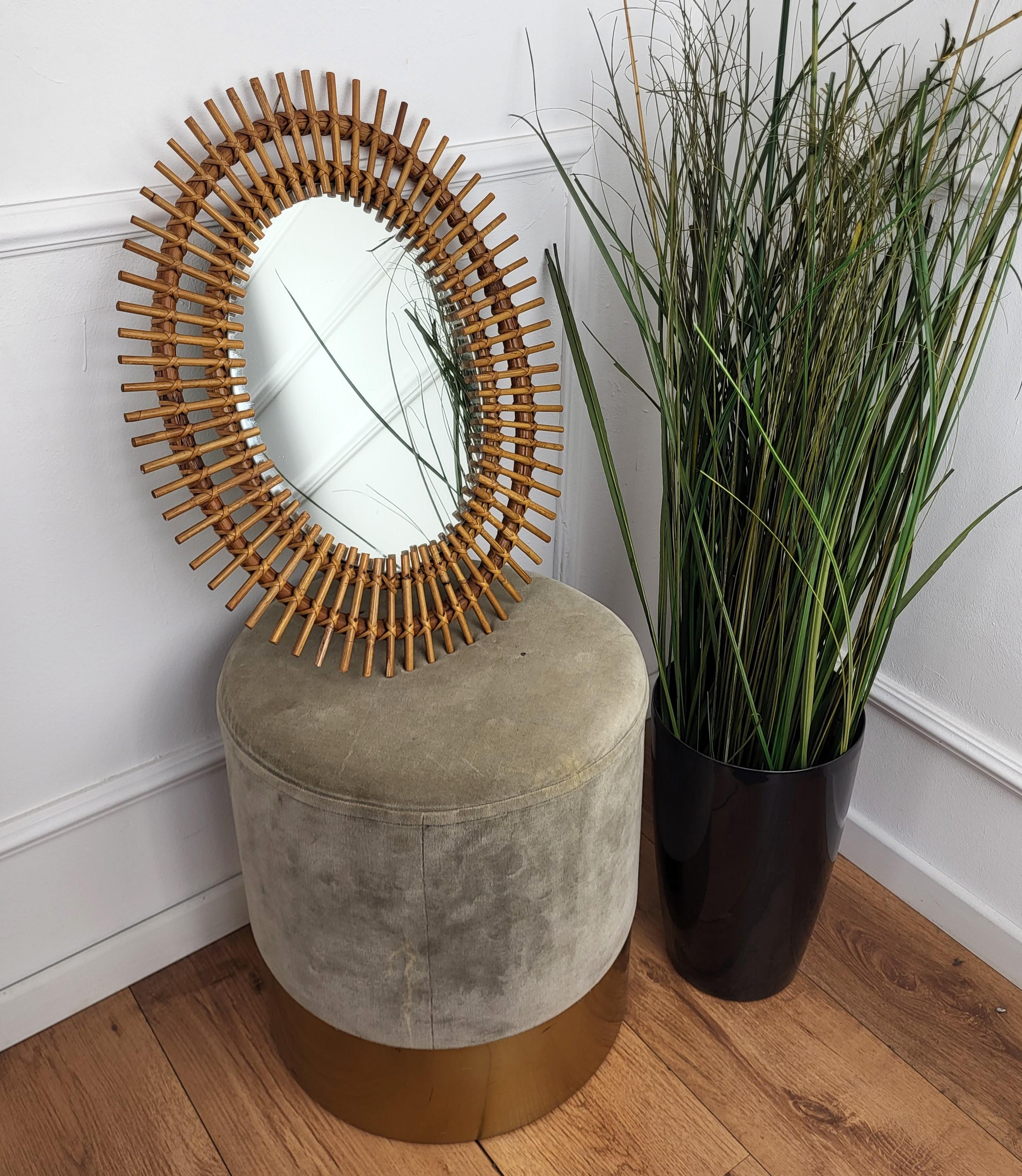 French Provincial 1970s Italian Bamboo Rattan Bohemian French Riviera Small Oval Wall Mirror For Sale