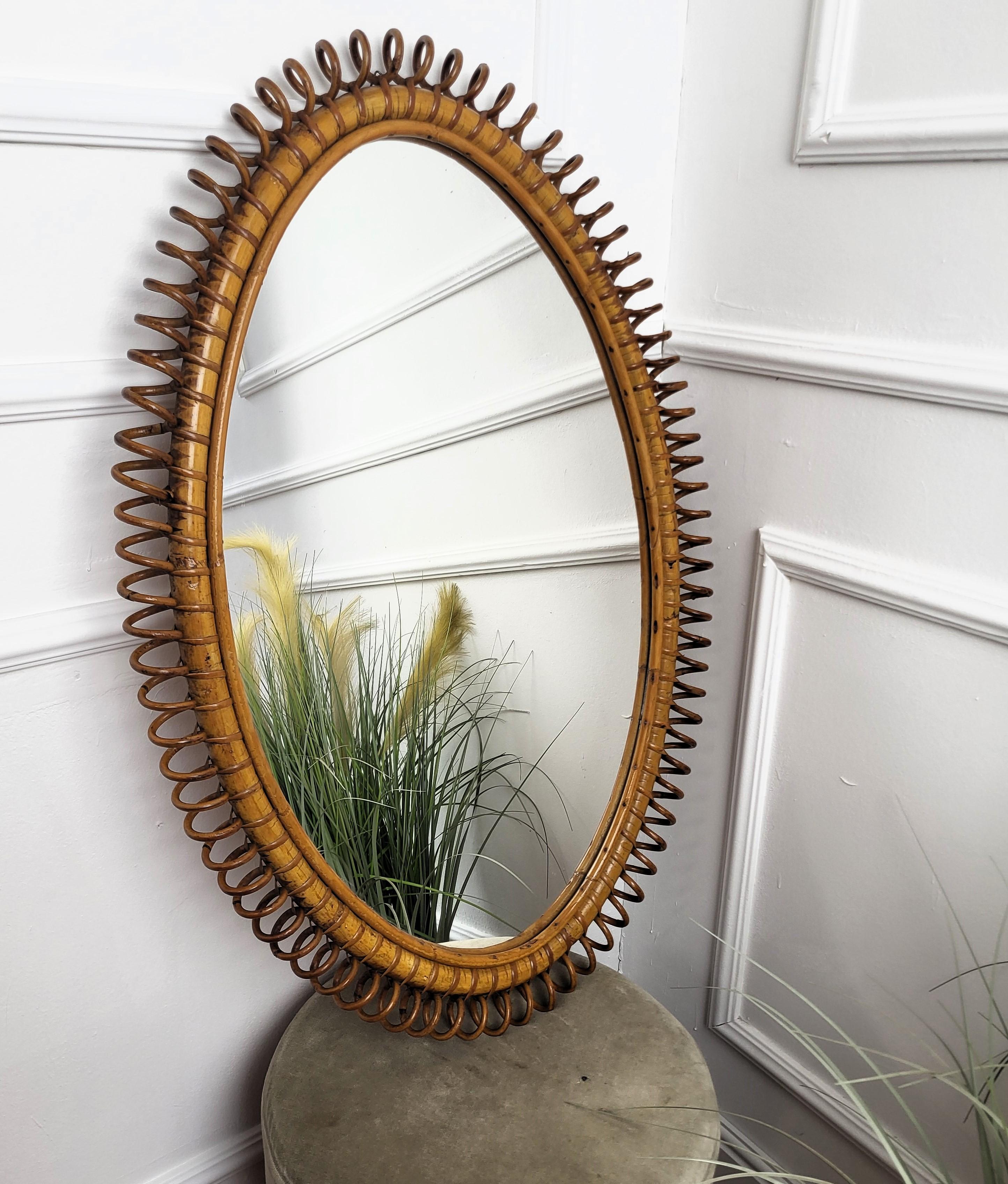 French Provincial 1970s Italian Bamboo Rattan Bohemian French Riviera Wall Mirror