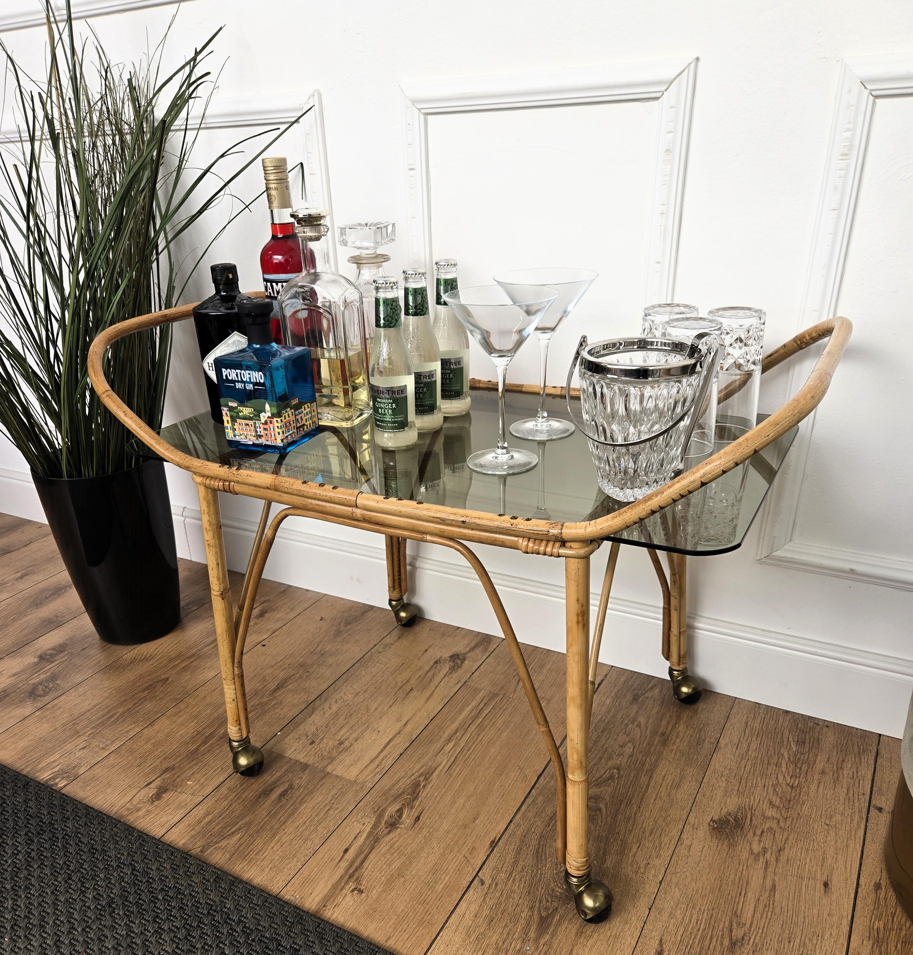 French Provincial 1970s Italian Bamboo Rattan Glass Bohemian French Riviera Serving Bar Cart For Sale