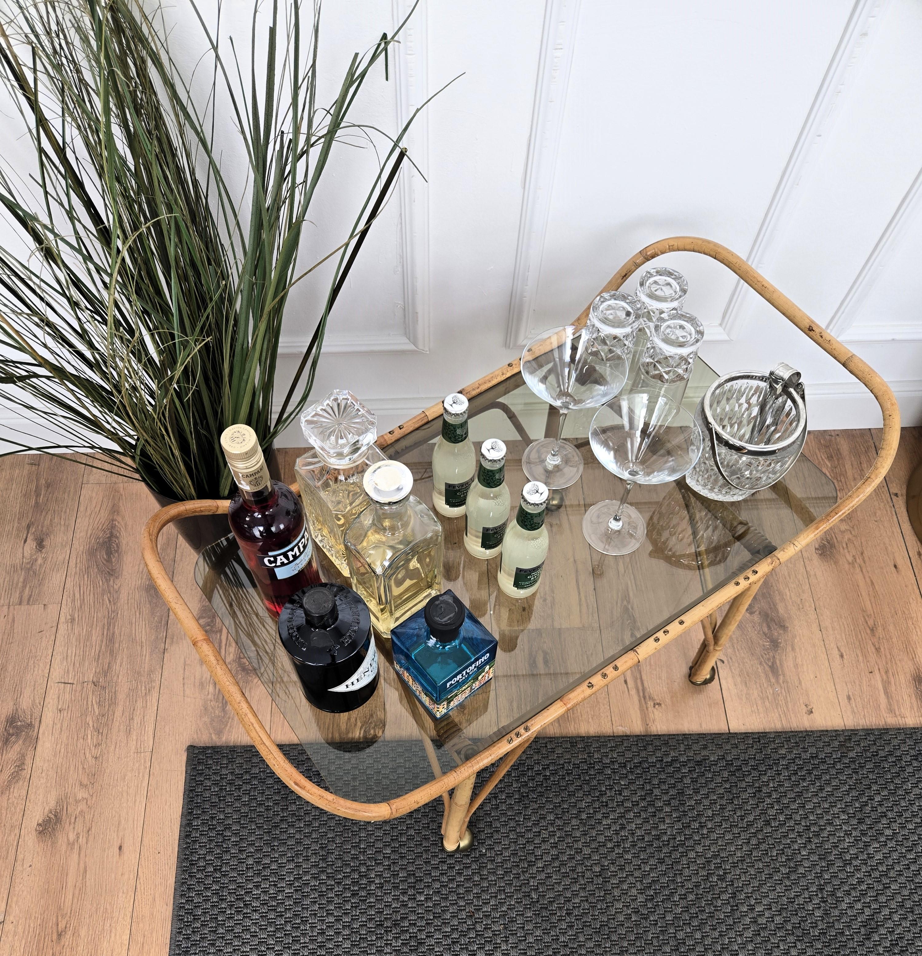 20th Century 1970s Italian Bamboo Rattan Glass Bohemian French Riviera Serving Bar Cart For Sale
