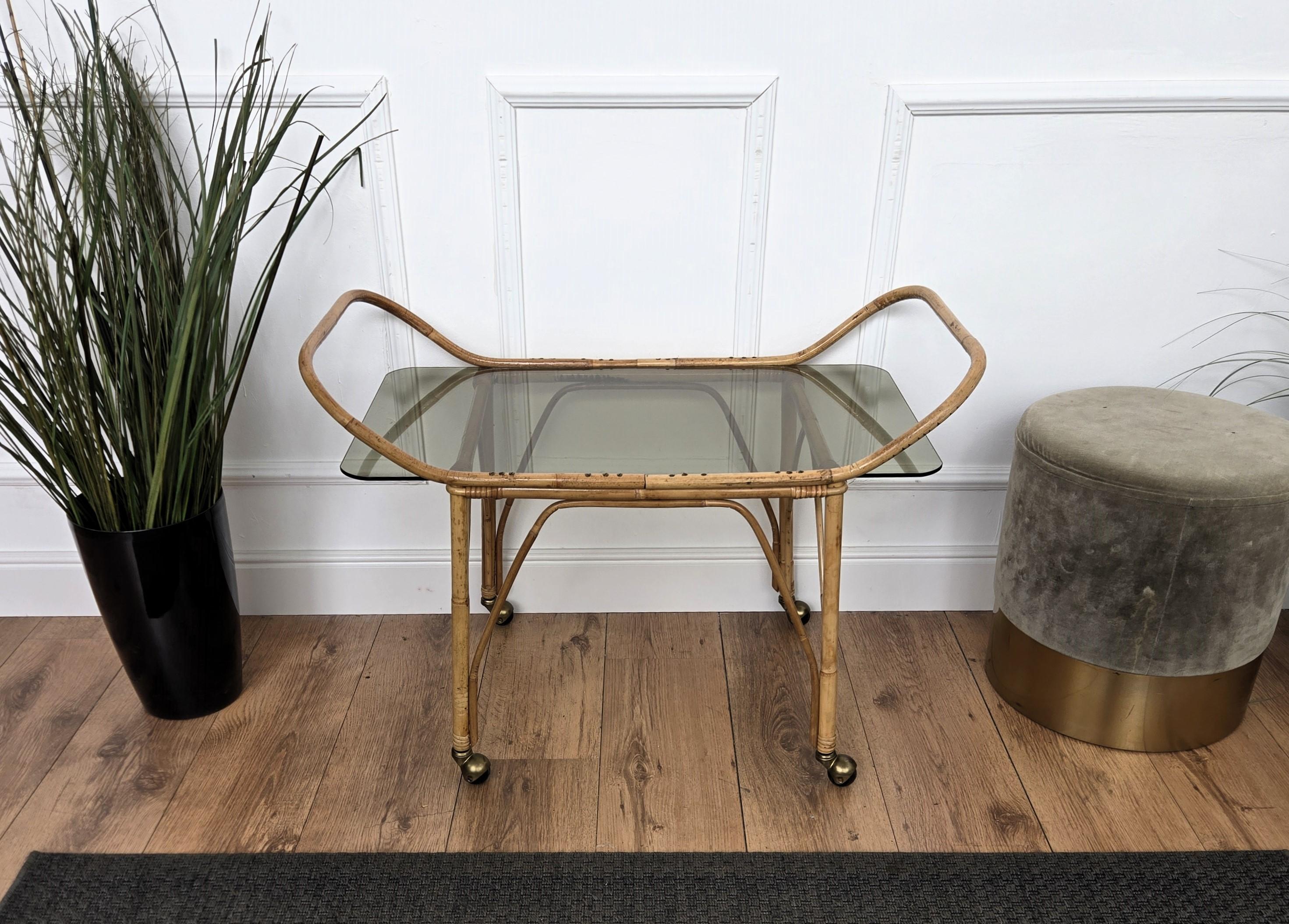 Brass 1970s Italian Bamboo Rattan Glass Bohemian French Riviera Serving Bar Cart For Sale