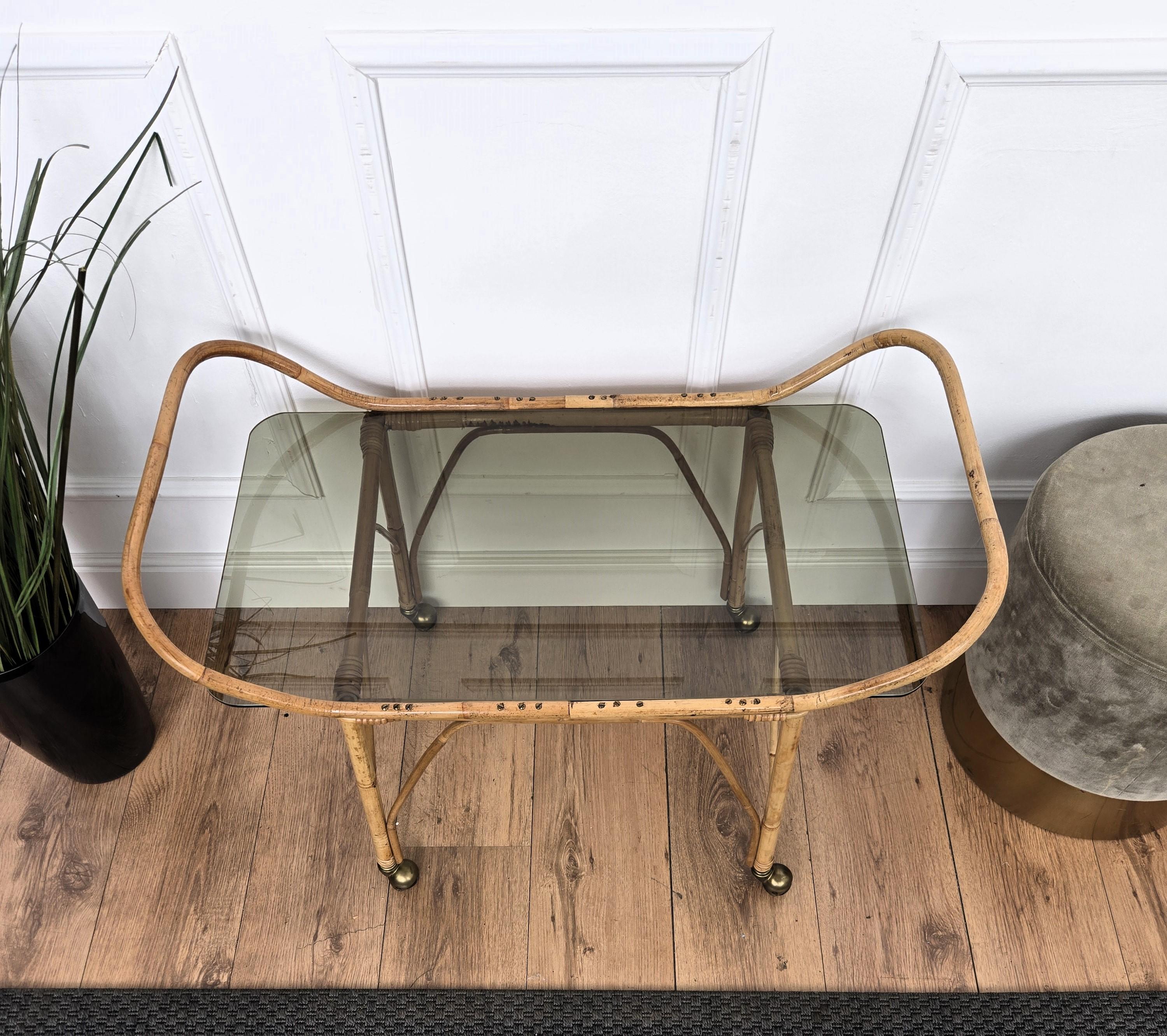 1970s Italian Bamboo Rattan Glass Bohemian French Riviera Serving Bar Cart For Sale 1