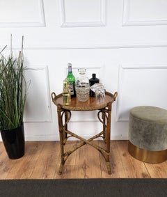 1970s Italian Bamboo Rattan Round Folding Serving Bar Tray Side Table