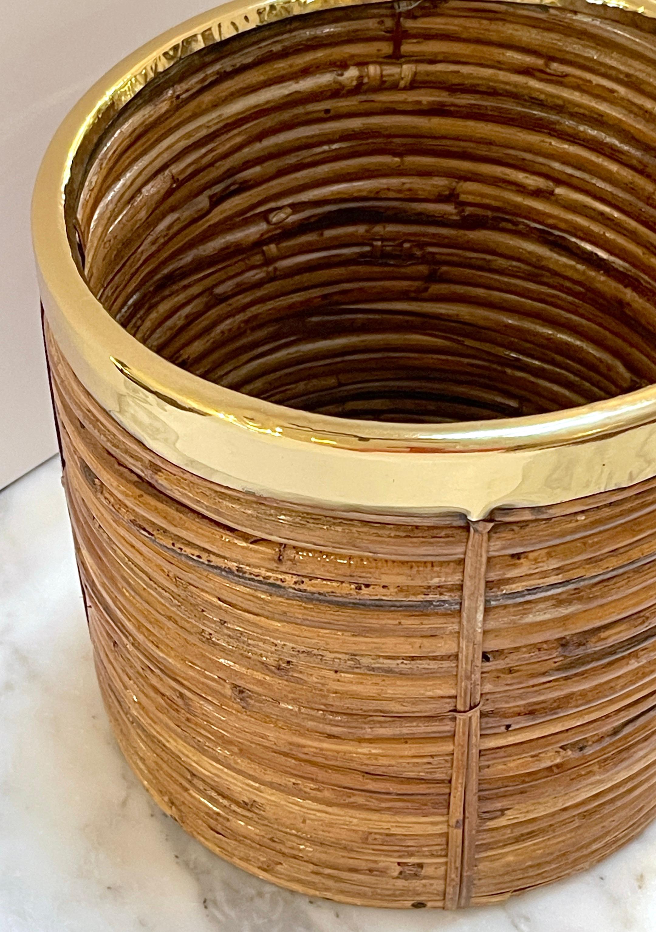 1970s Italian Bamboo/ Rattan Wastepaper Basket with Polished Brass Rim For Sale 5