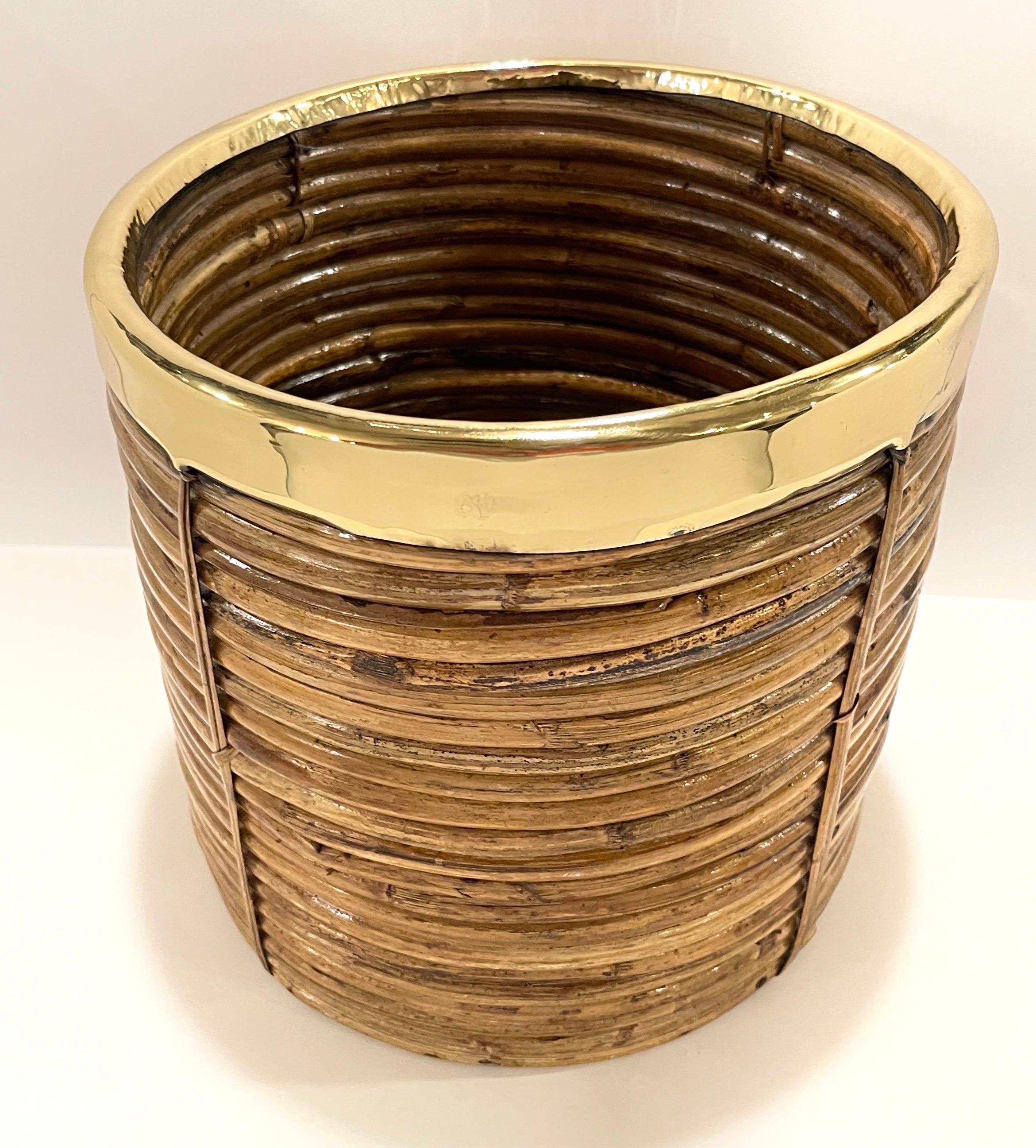 Mid-Century Modern 1970s Italian Bamboo/ Rattan Wastepaper Basket with Polished Brass Rim For Sale