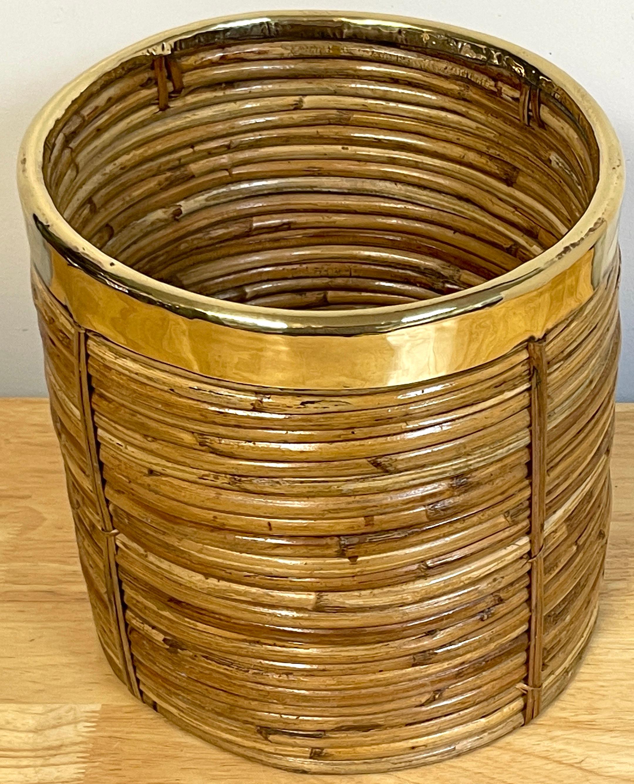 Mid-Century Modern 1970s Italian Bamboo/ Rattan Wastepaper Basket with Polished Brass Rim