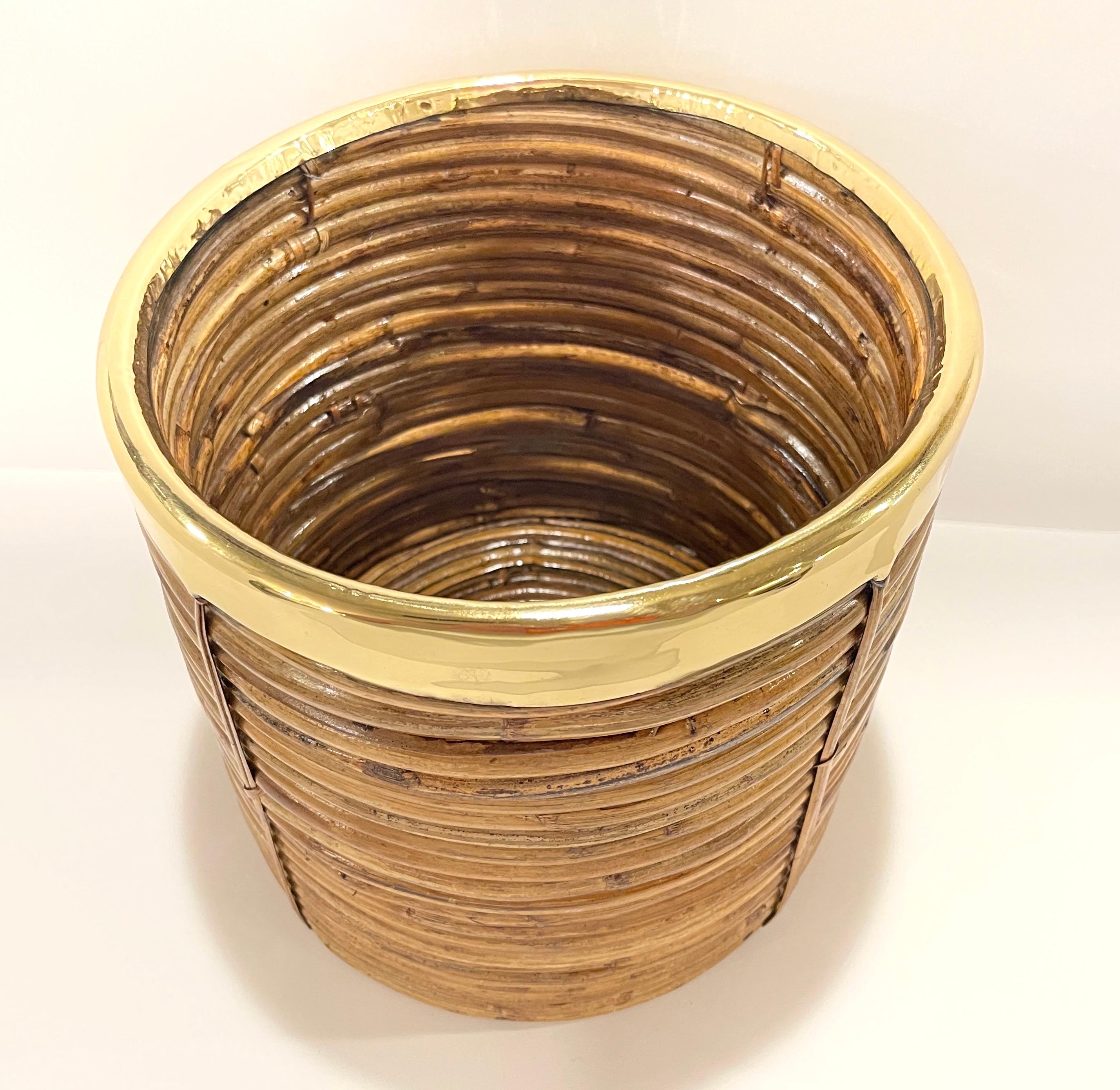 20th Century 1970s Italian Bamboo/ Rattan Wastepaper Basket with Polished Brass Rim For Sale