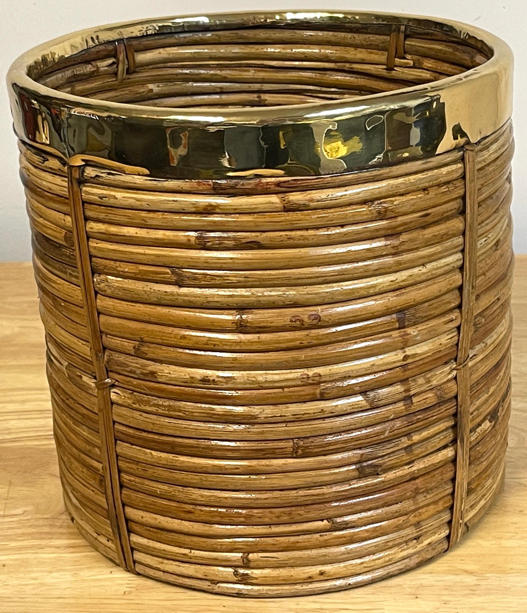 20th Century 1970s Italian Bamboo/ Rattan Wastepaper Basket with Polished Brass Rim