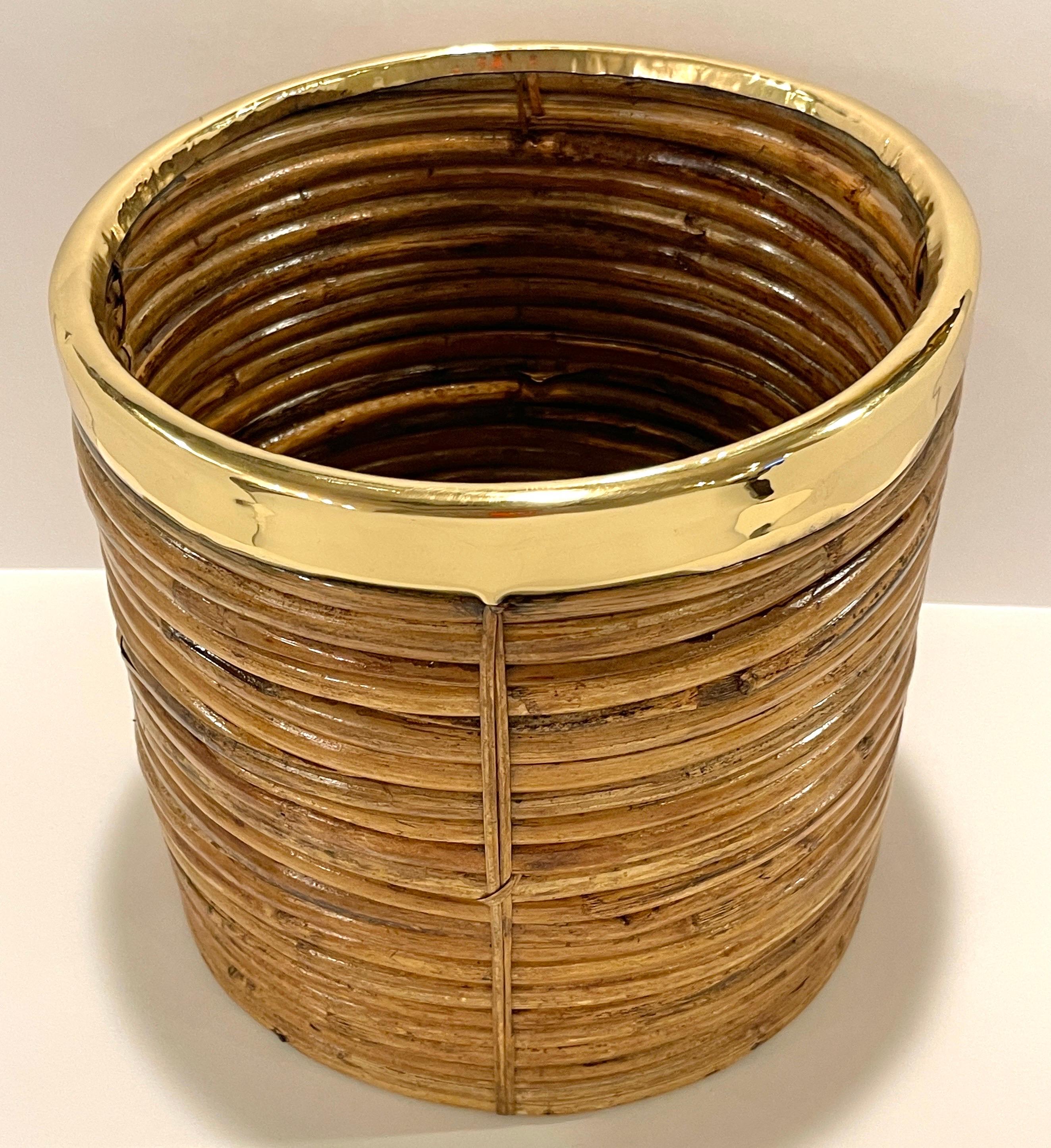 1970s Italian Bamboo/ Rattan Wastepaper Basket with Polished Brass Rim For Sale 1
