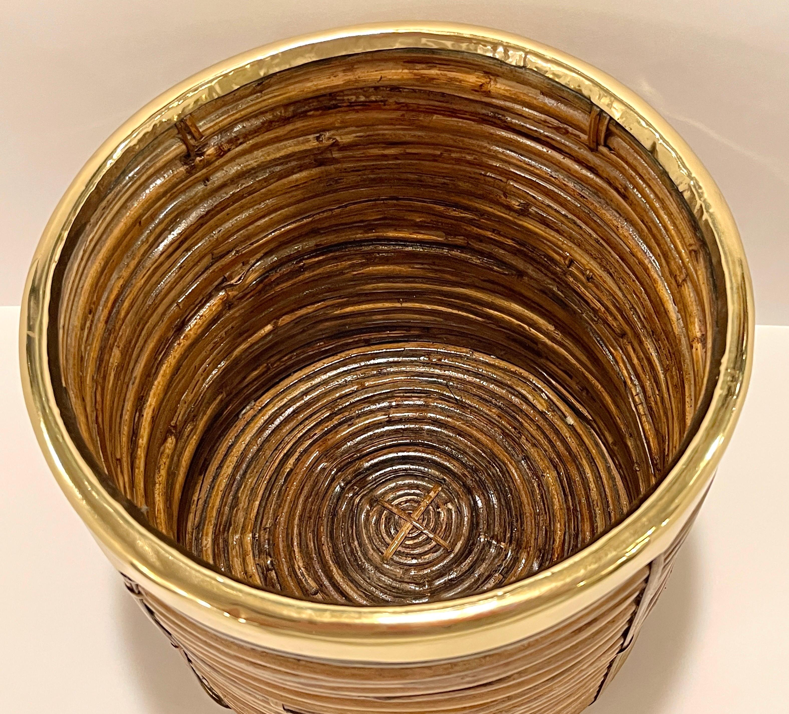 1970s Italian Bamboo/ Rattan Wastepaper Basket with Polished Brass Rim For Sale 2