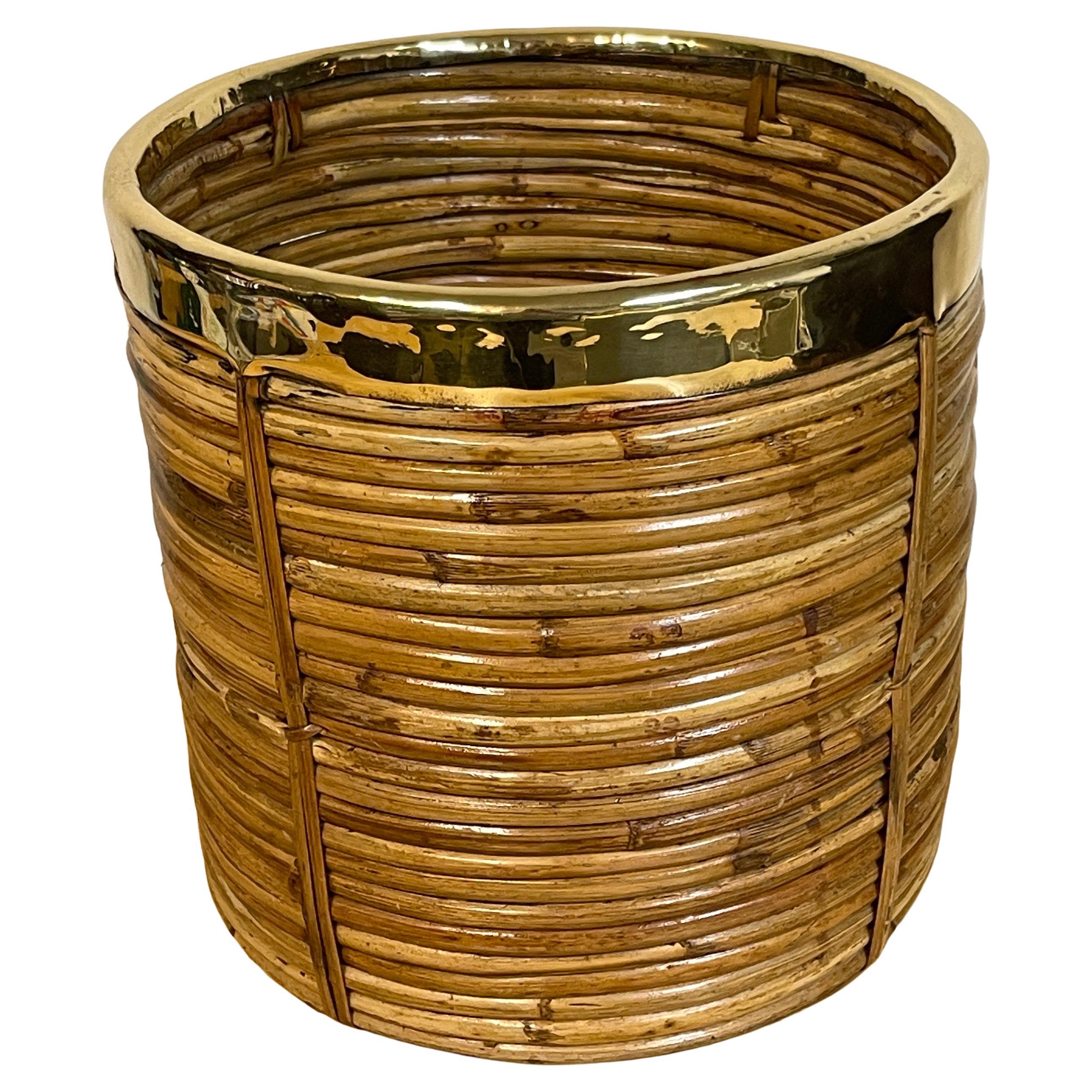 1970s Italian Bamboo/ Rattan Wastepaper Basket with Polished Brass Rim