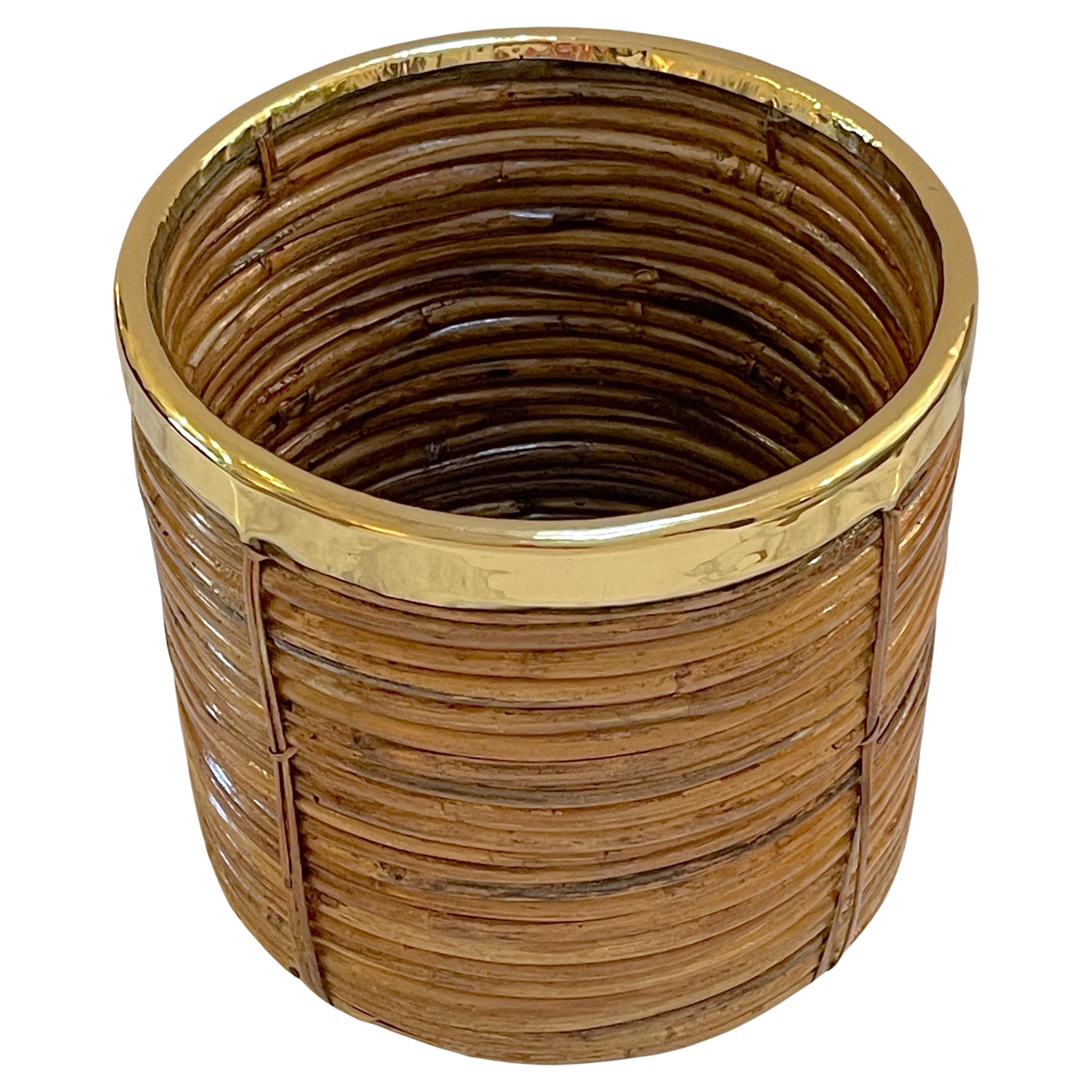 1970s Italian Bamboo/ Rattan Wastepaper Basket with Polished Brass Rim For Sale