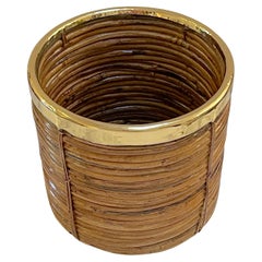 1970s Italian Bamboo/ Rattan Wastepaper Basket with Polished Brass Rim