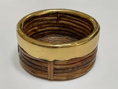 1970s Italian Bamboo/ Rattan Wine Coaster with Polished Brass Rim