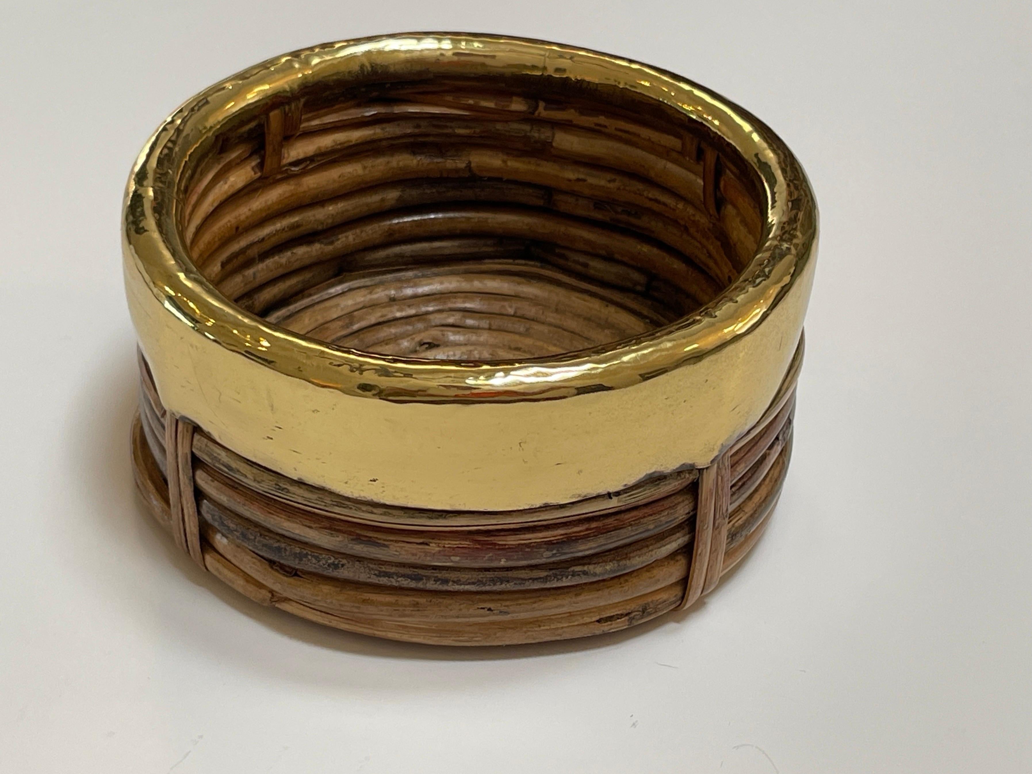 20th Century 1970s Italian Bamboo/ Rattan Wine Coaster with Polished Brass Rim For Sale