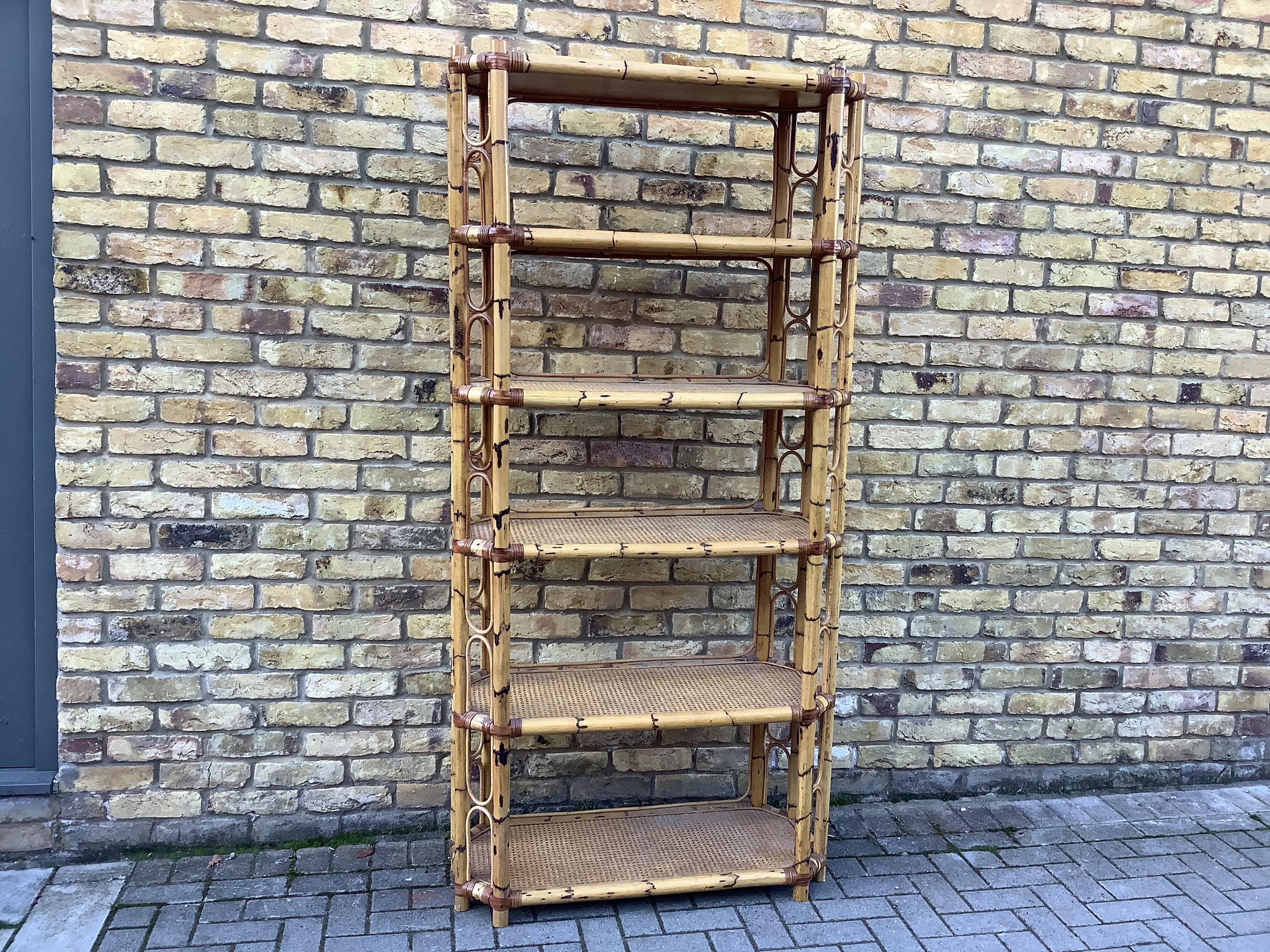Superb large bamboo shelving with 5 levels bounded by leather.
 