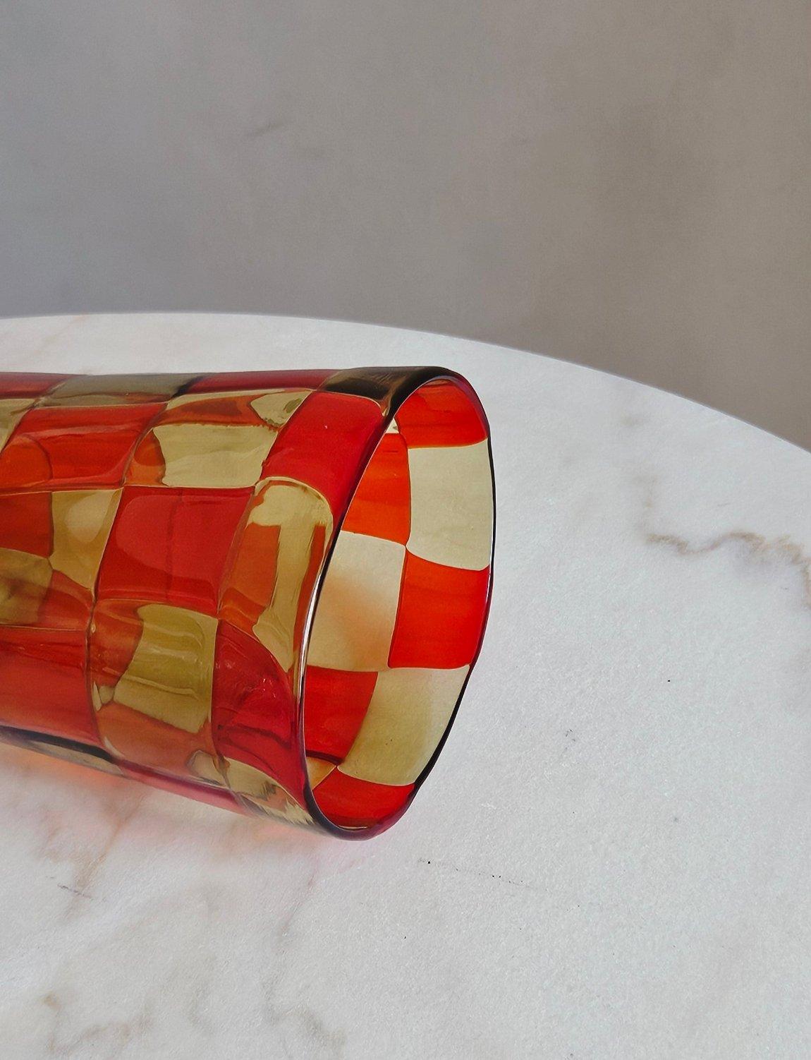 1970s Italian Barovier & Toso Orange and Yellow Murano Glass Checkered Vase 3