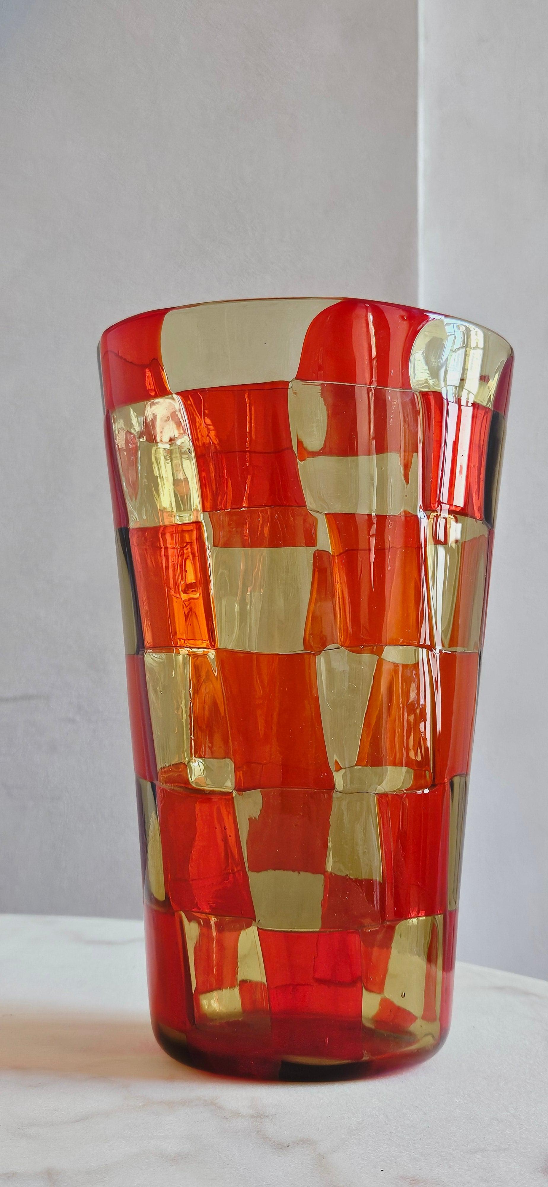 Late 20th Century 1970s Italian Barovier & Toso Orange and Yellow Murano Glass Checkered Vase