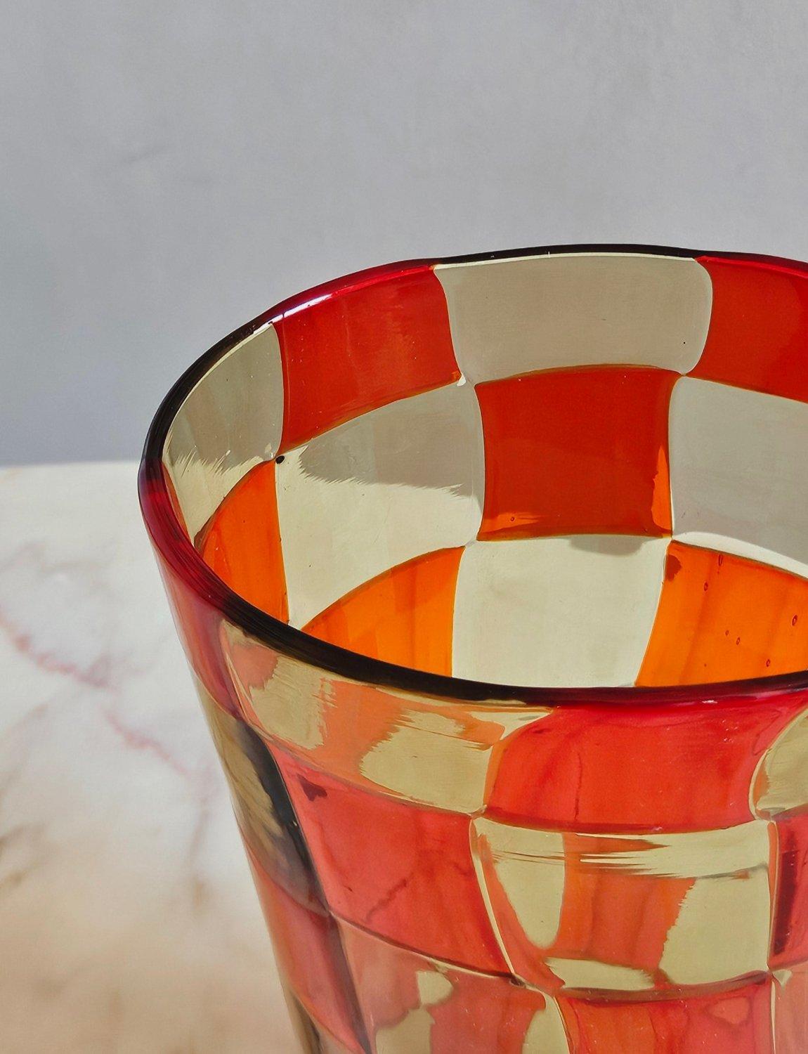 Blown Glass 1970s Italian Barovier & Toso Orange and Yellow Murano Glass Checkered Vase