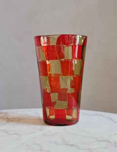 1970s Italian Barovier & Toso Orange and Yellow Murano Glass Checkered Vase