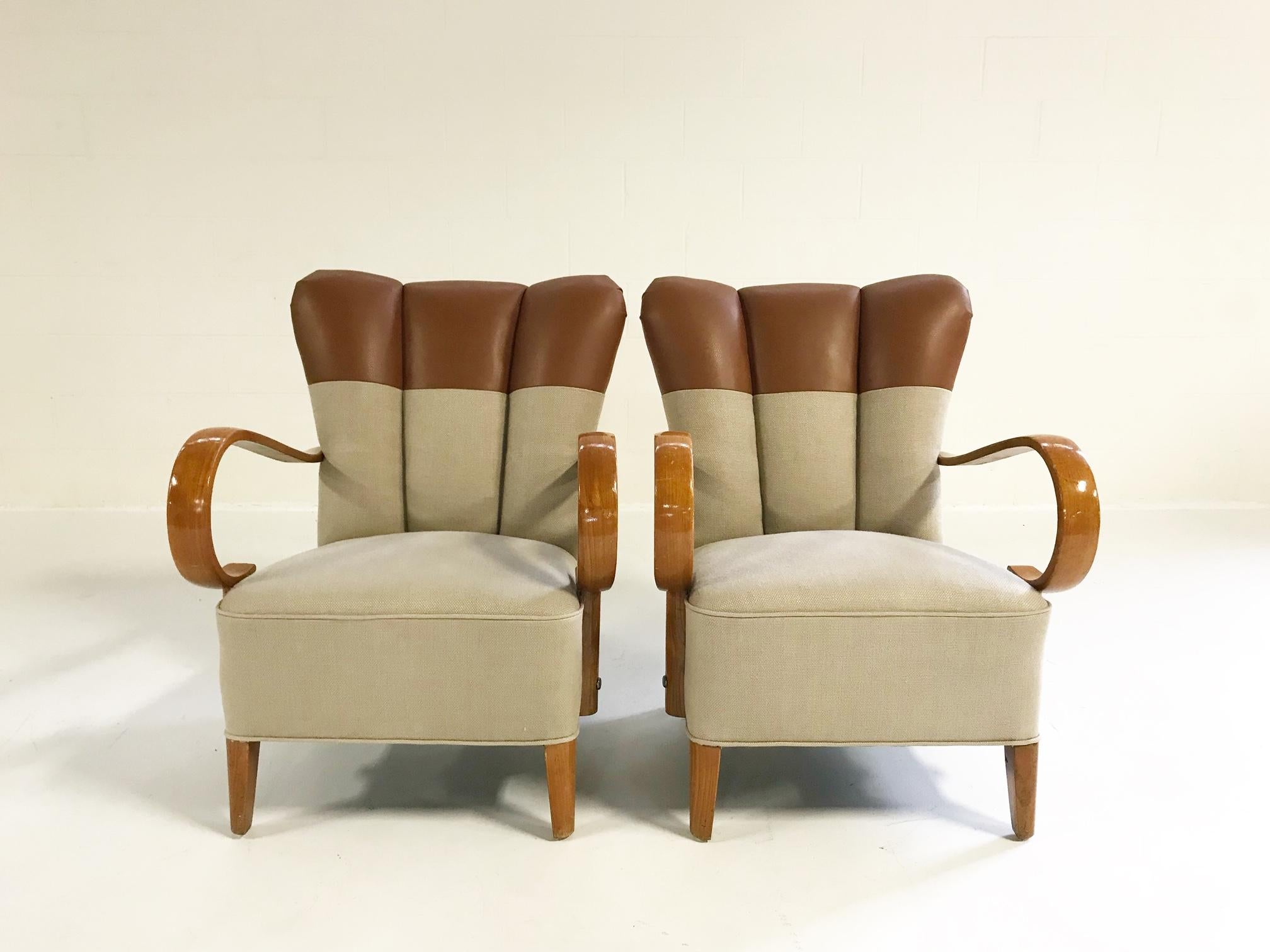 Modern 1970s, Italian Bentwood Armchairs Restored in Loro Piana Leather and Linen