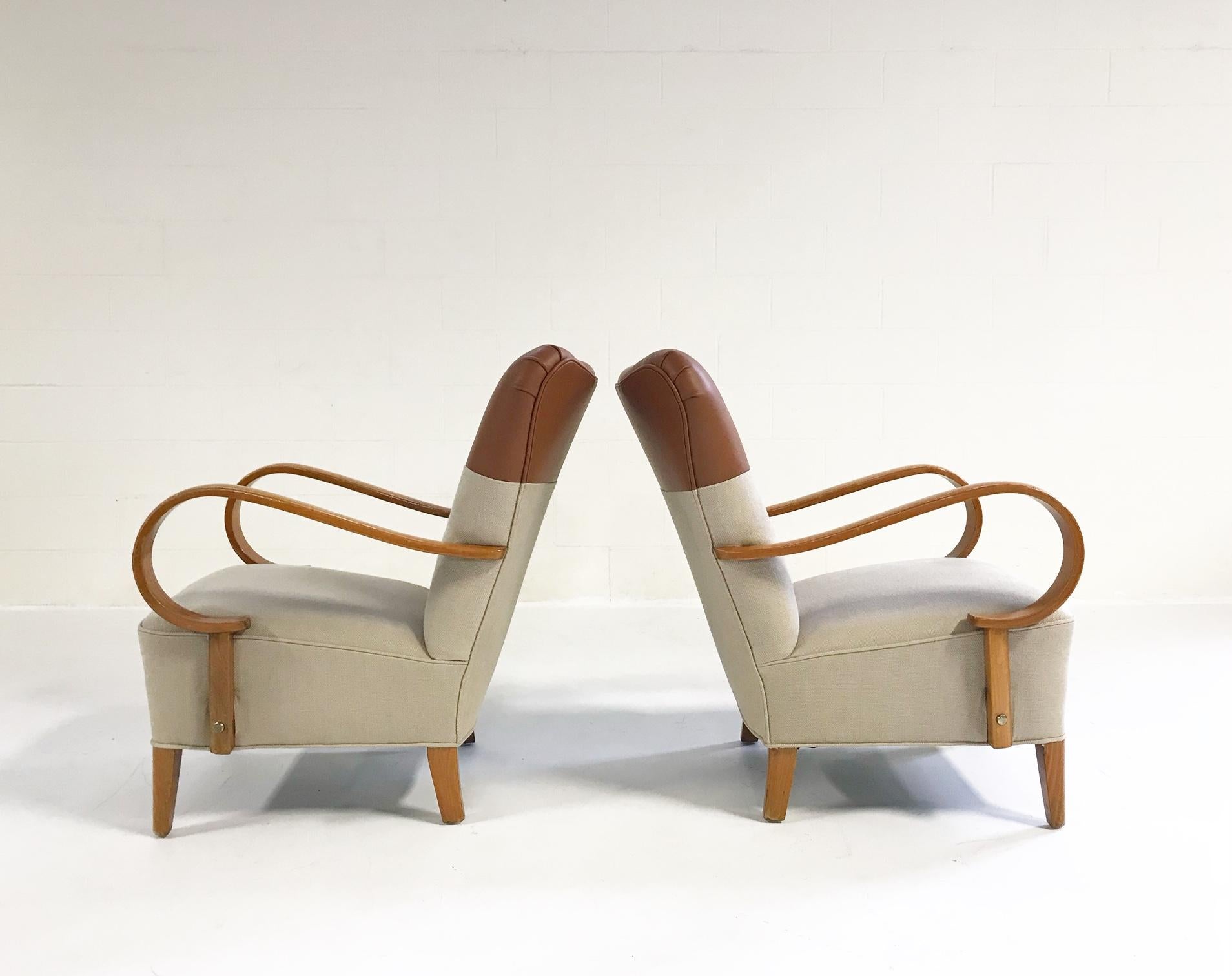 1970s, Italian Bentwood Armchairs Restored in Loro Piana Leather and Linen In Good Condition In SAINT LOUIS, MO