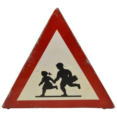 1970s Italian Black, Red and White Triangle Metal Street Sign Watch for Children